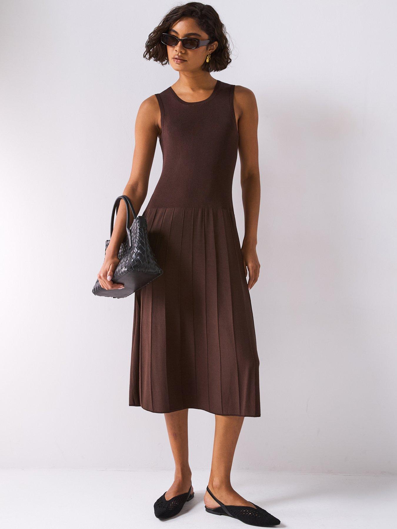 Image 1 of 6 of JOSEPH Satin Knit Mix Rib Dress - Dark Brown