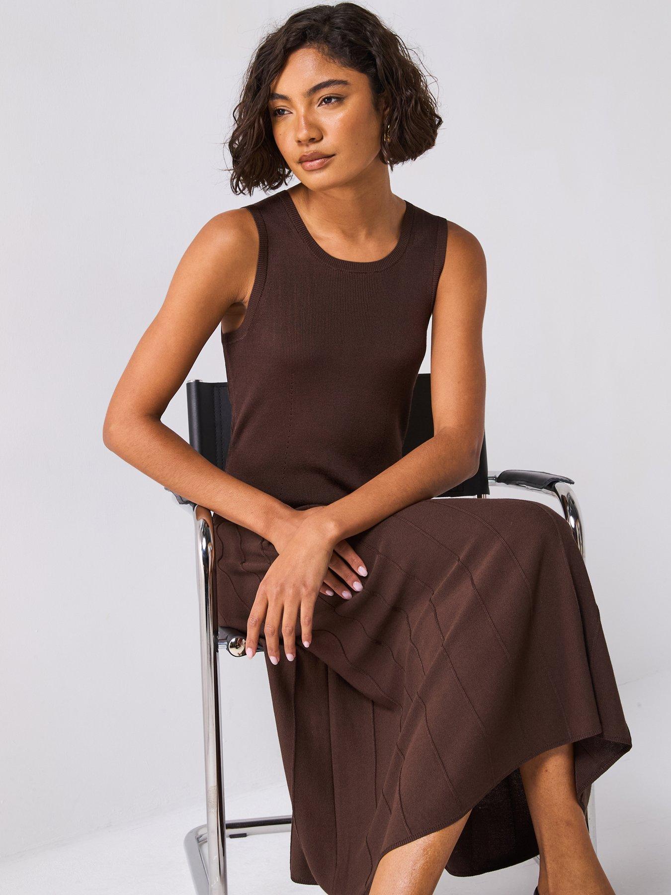 Image 3 of 6 of JOSEPH Satin Knit Mix Rib Dress - Dark Brown