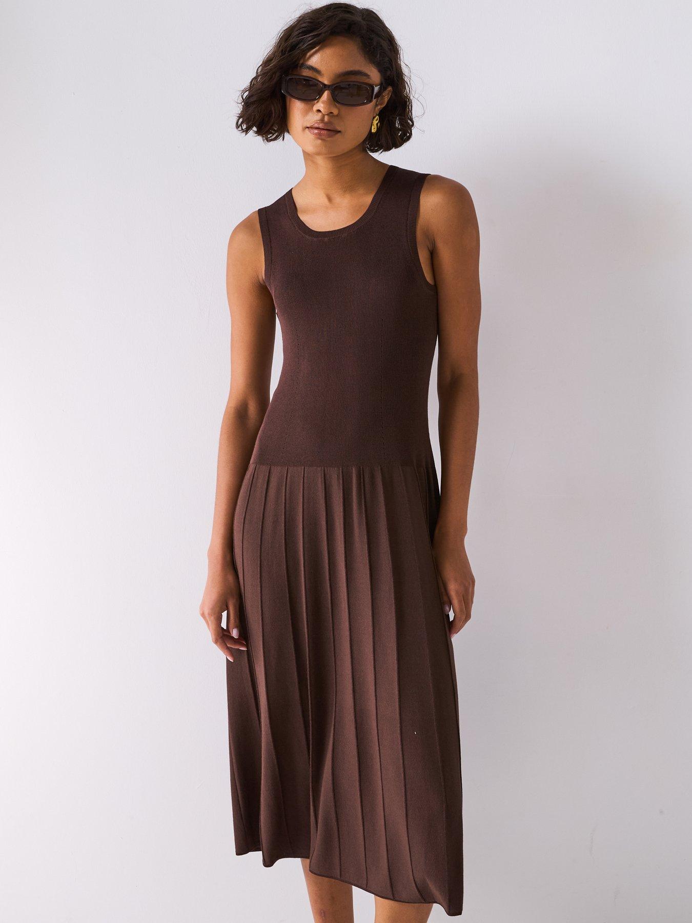 Image 6 of 6 of JOSEPH Satin Knit Mix Rib Dress - Dark Brown