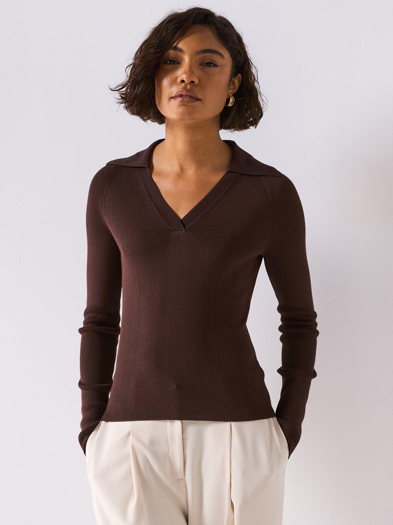 undefined Rib Knit Polo Top - Dark Brown