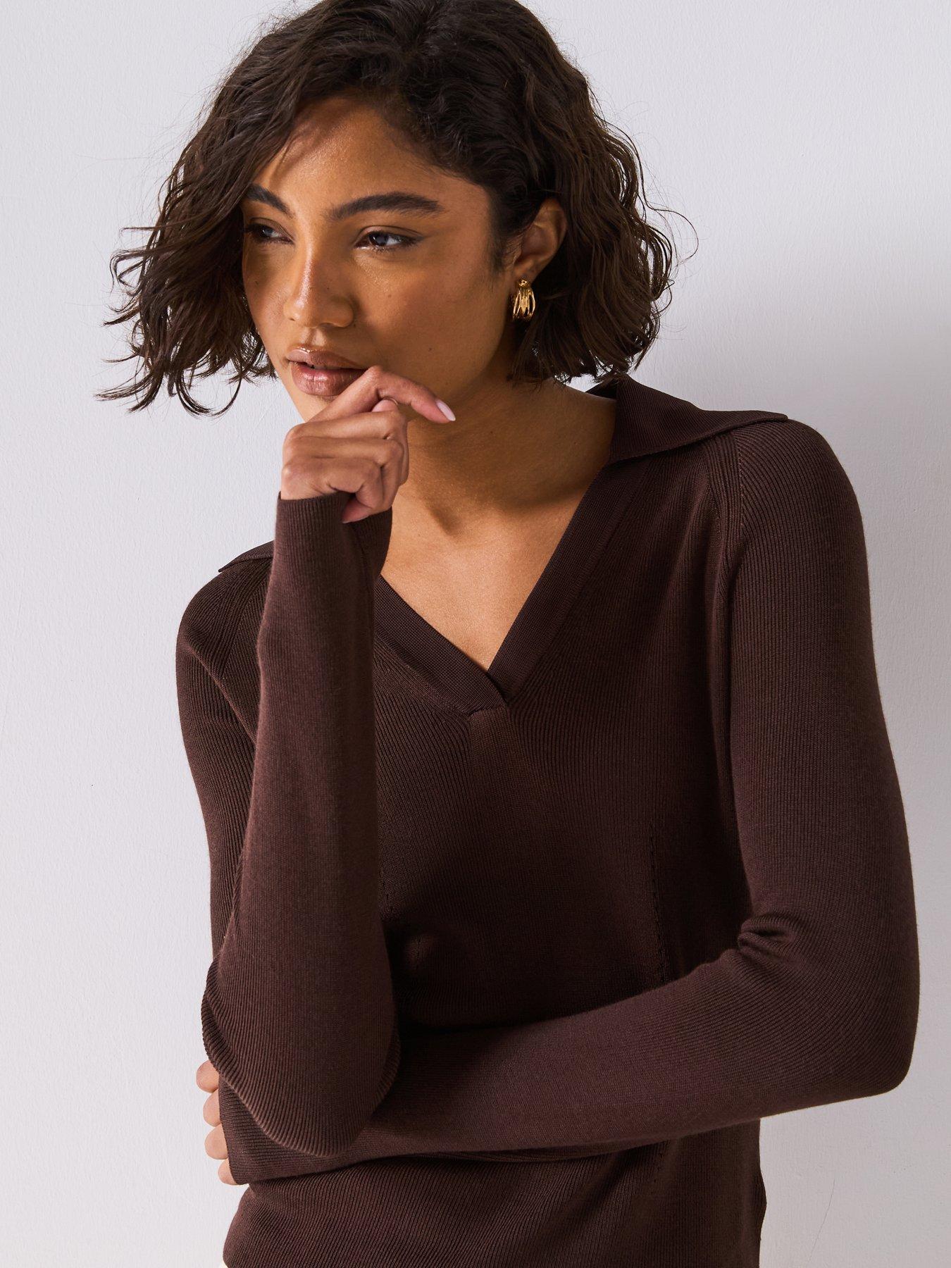 Image 6 of 6 of JOSEPH Rib Knit Polo Top - Dark Brown