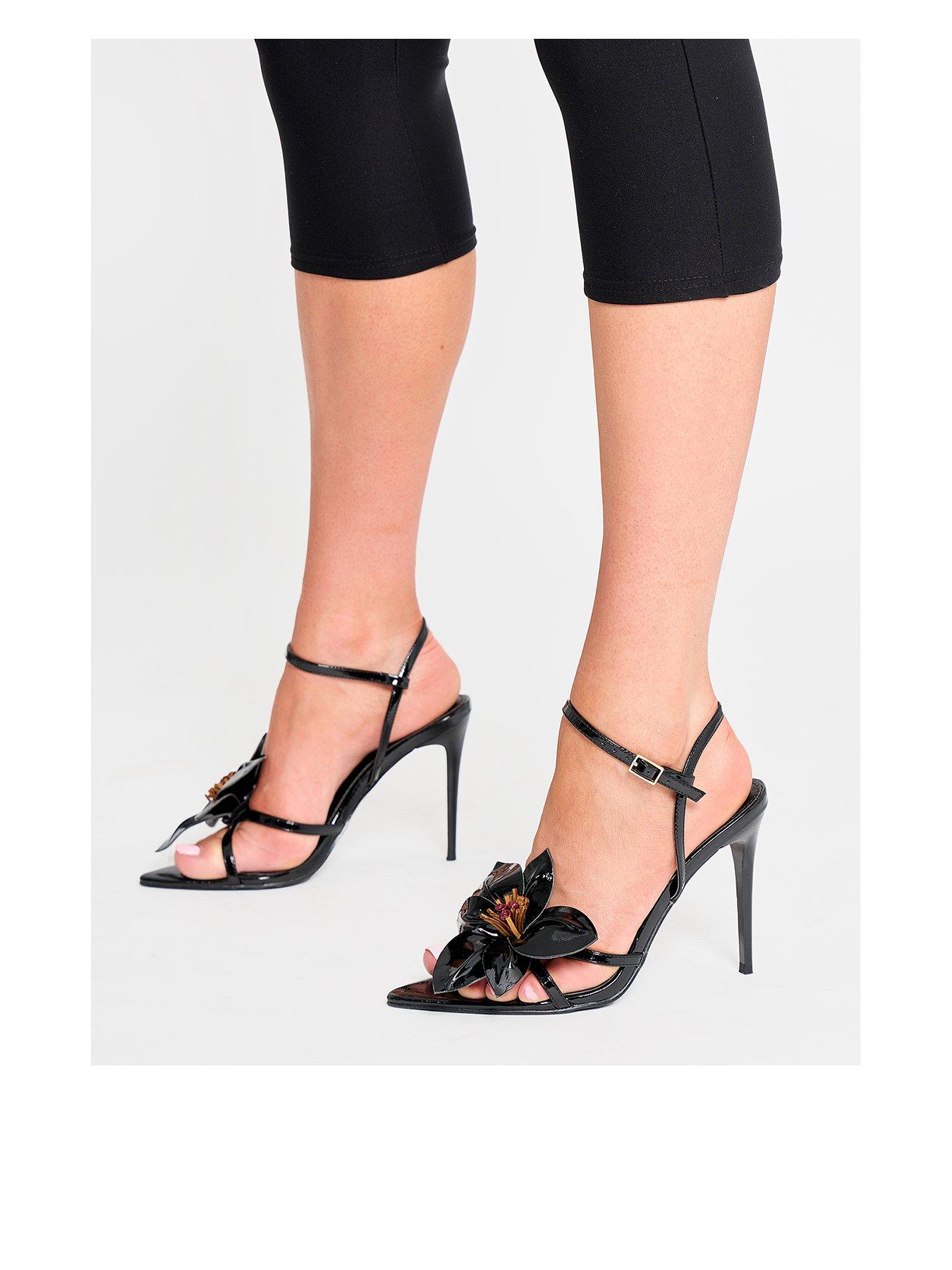 undefined Nara Black Satin White Orchid Flower Square Toe Stiletto Mid Heels