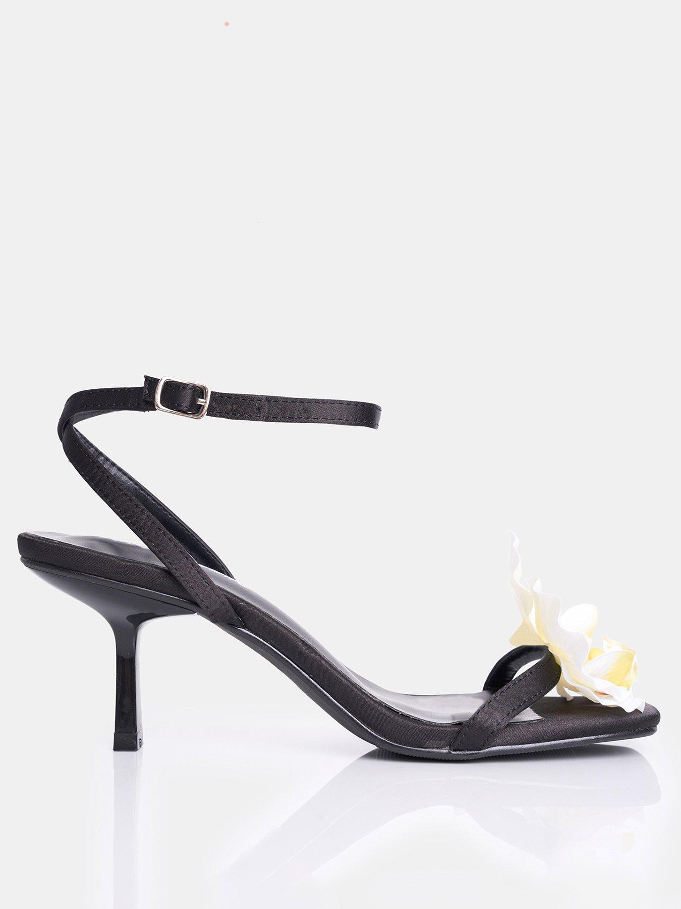 stillFront image of public-desire-nara-black-satin-white-orchid-flower-square-toe-stiletto-mid-heels