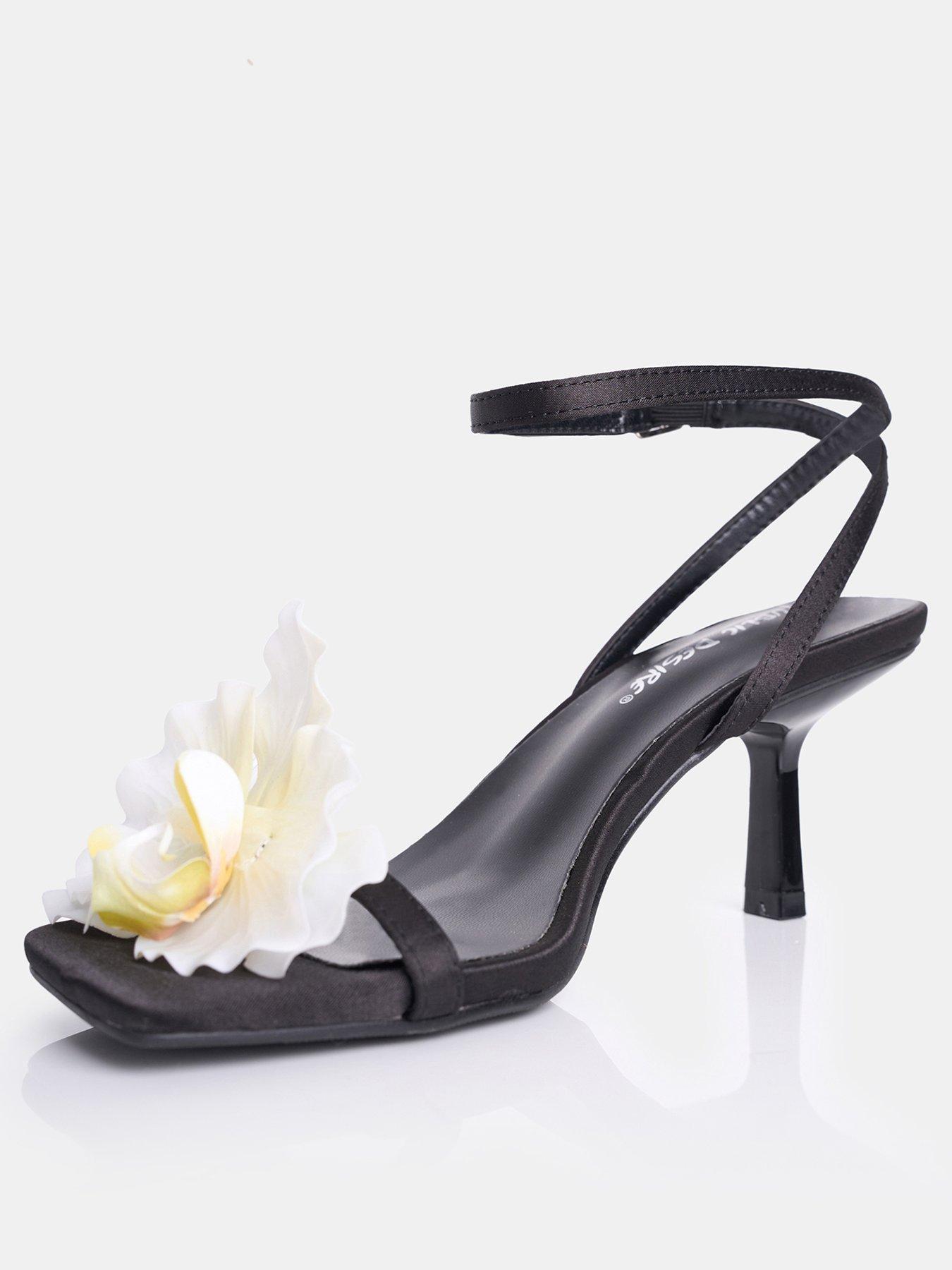  image of public-desire-nara-black-satin-white-orchid-flower-square-toe-stiletto-mid-heels
