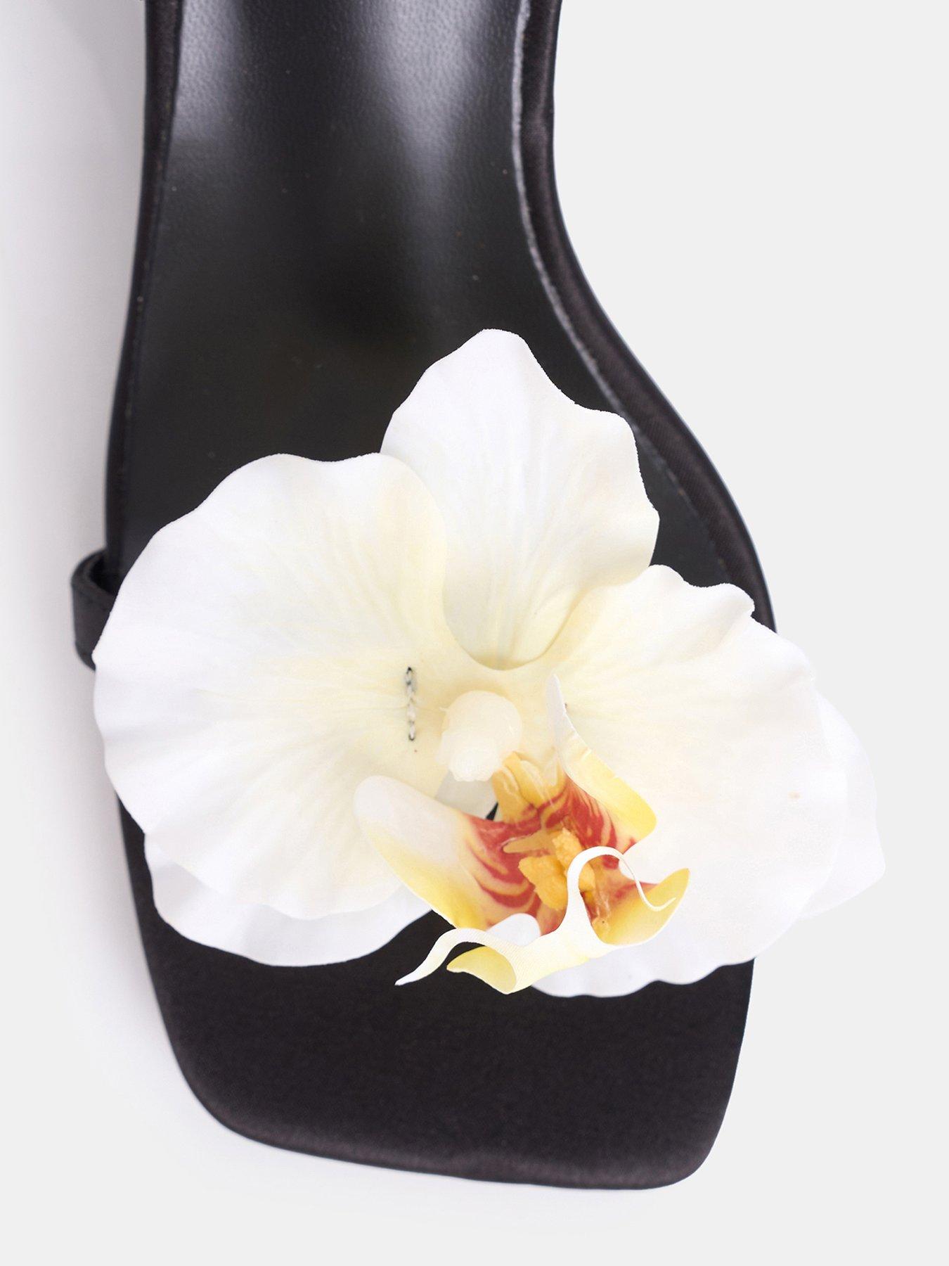  image of public-desire-nara-black-satin-white-orchid-flower-square-toe-stiletto-mid-heels