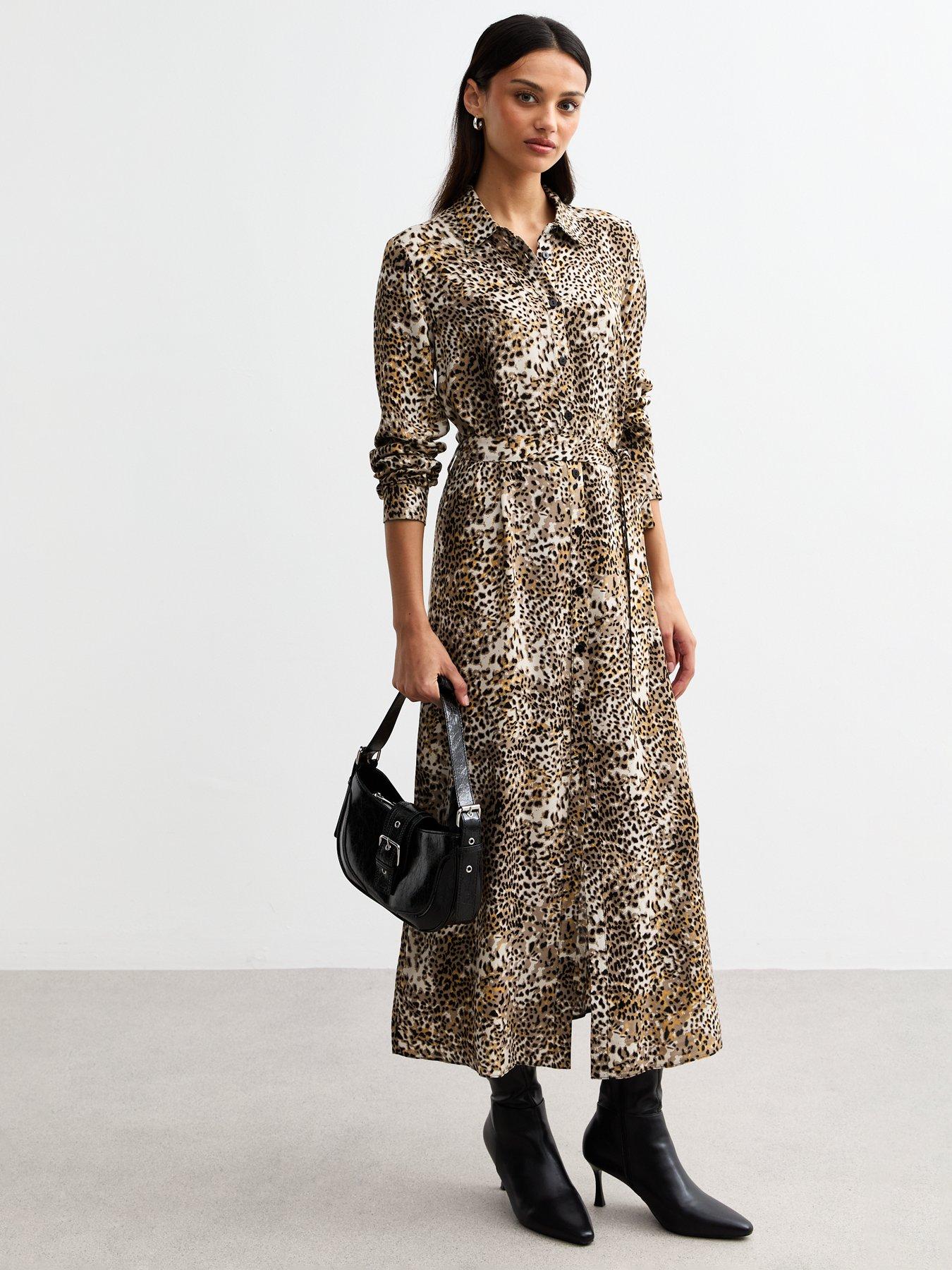 undefined Brown Leopard Print Midi Shirt Dress