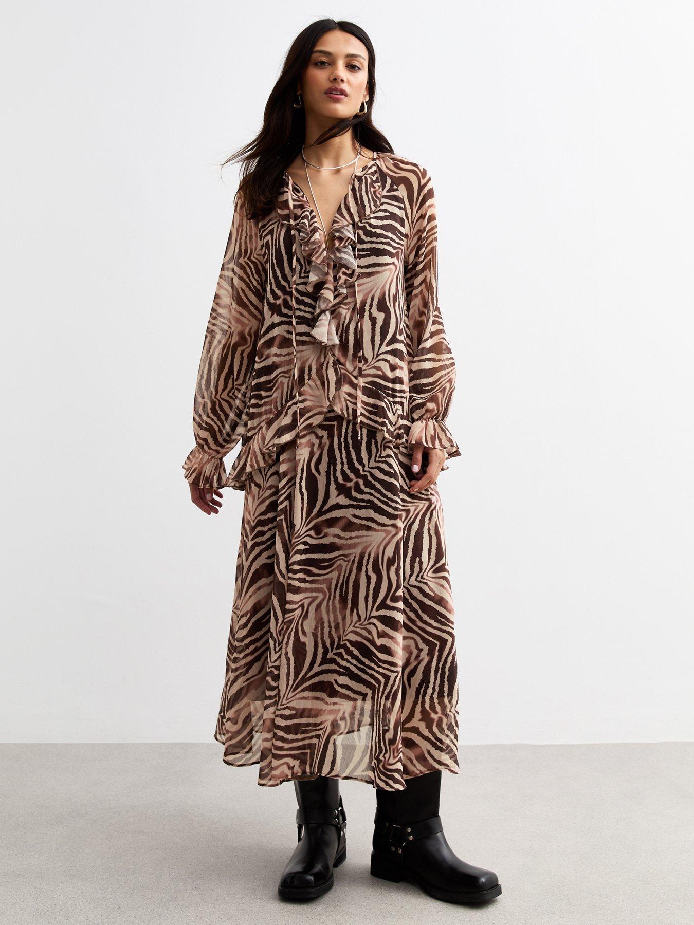 undefined Zebra Print Ruffle Trim Chiffon Midi Dress - Brown