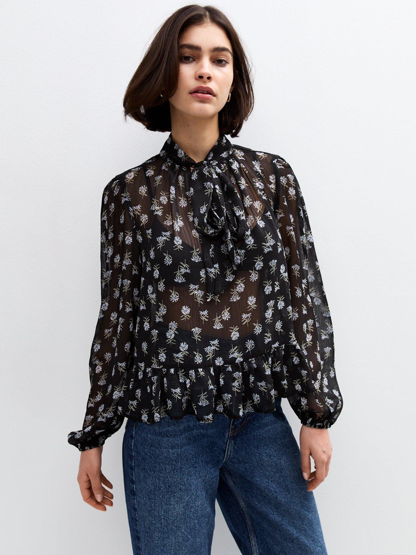 undefined Floral Print Sheer Pussybow Blouse - Black
