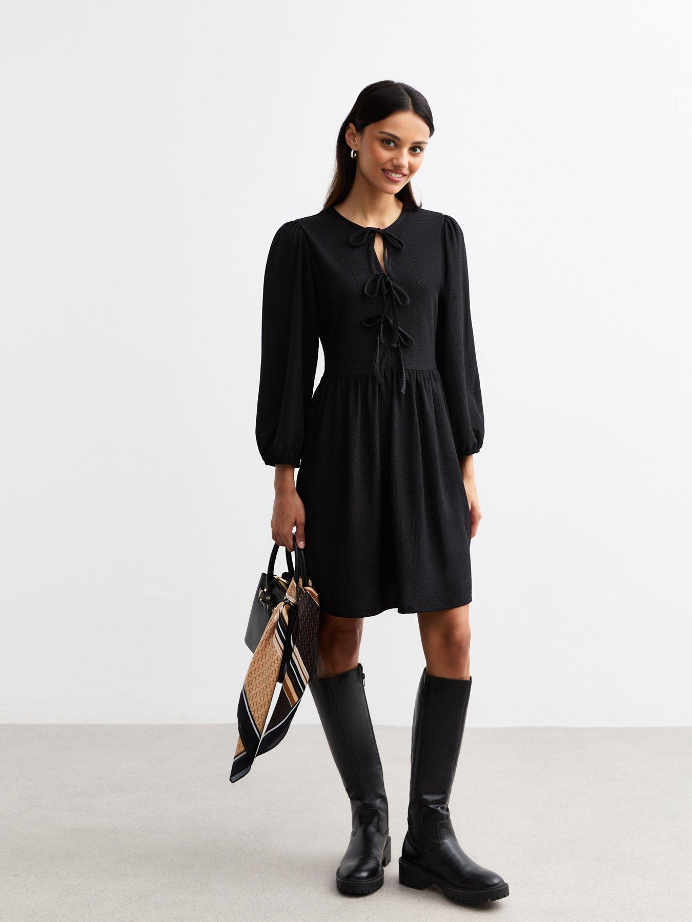 undefined Tie Front Textured Jersey Mini Dress - Black