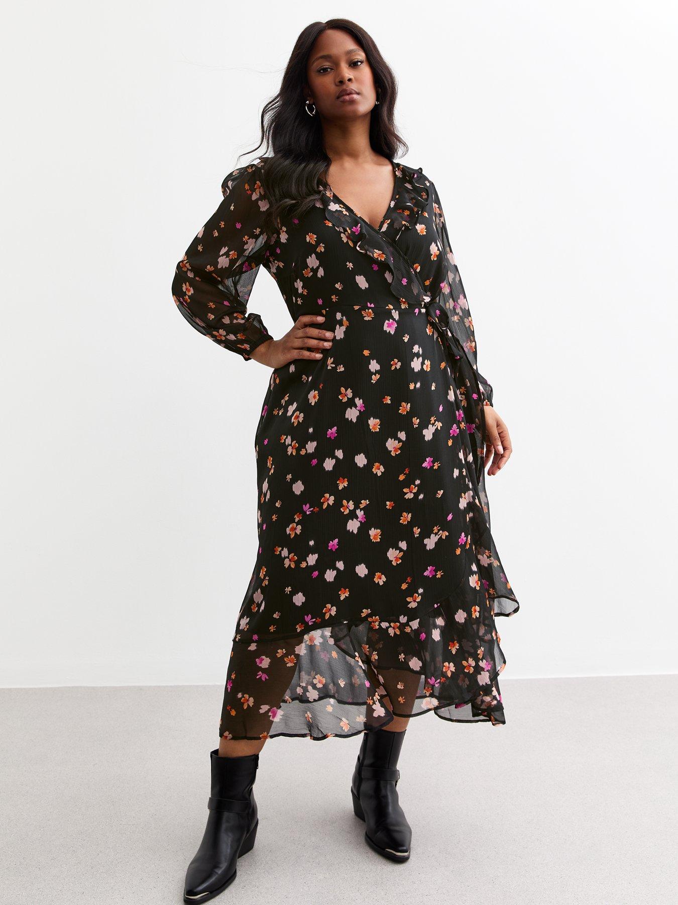 undefined Floral Print Chiffon Wrap Midi Dress - Black