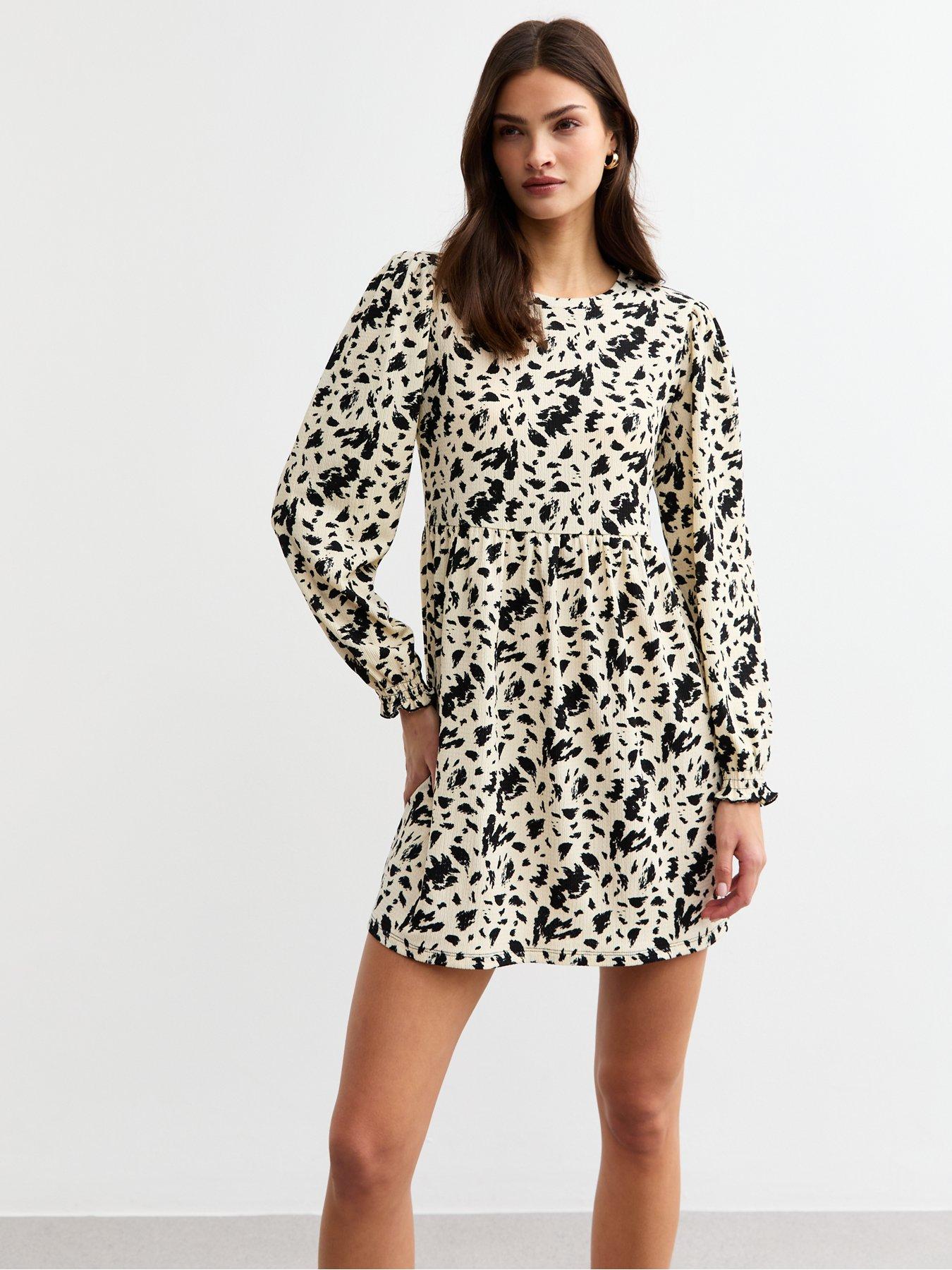 undefined Cream Crinkled Jersey Cow Print Mini Dress - Brown