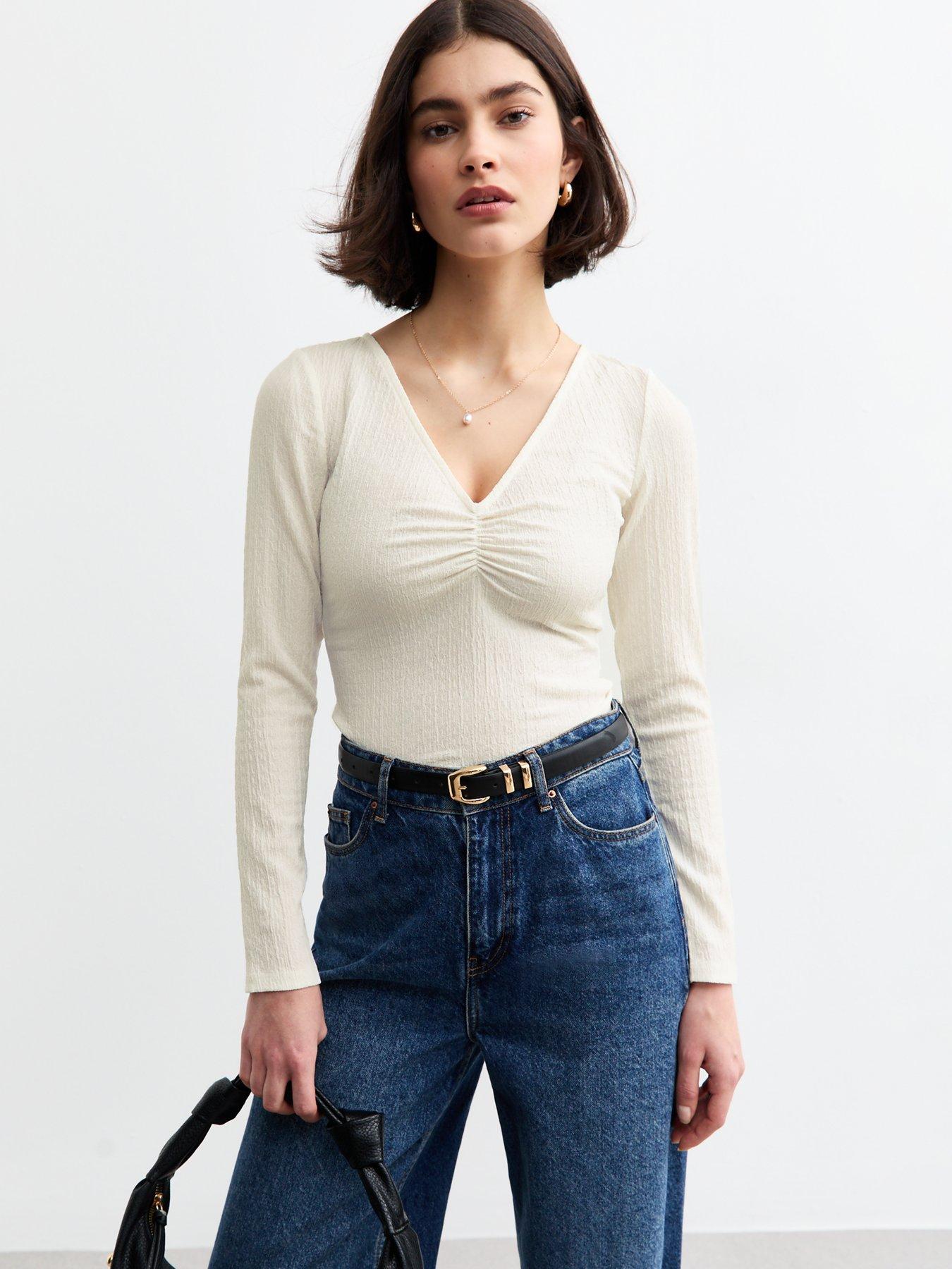 undefined Textured V-Neck Top  - Cream