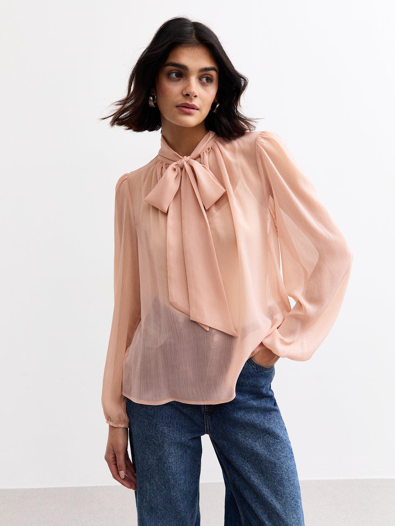 undefined Pink Crinkled Chiffon Pussybow Blouse