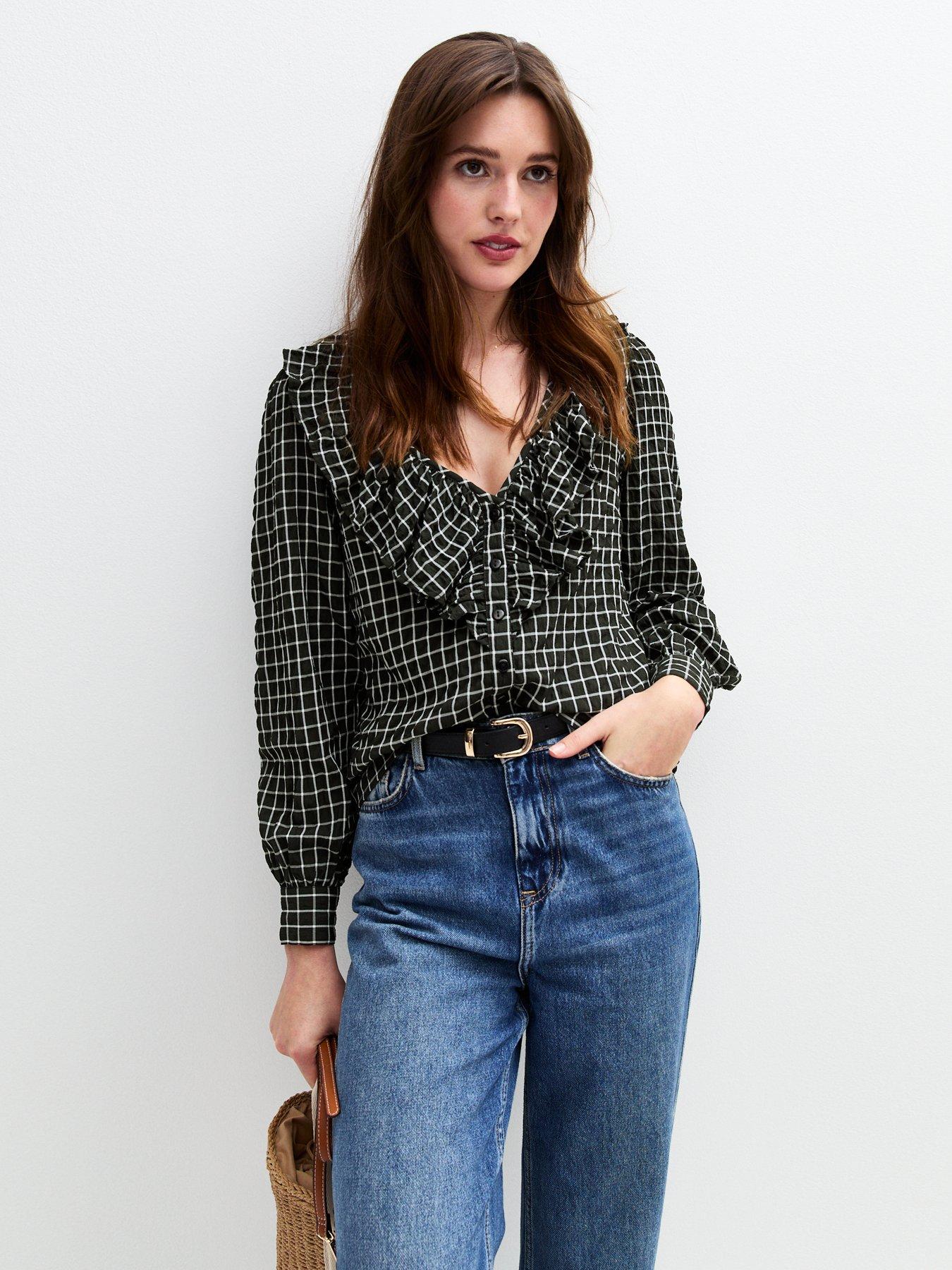 New Look Checked Frill Trim Top - Black