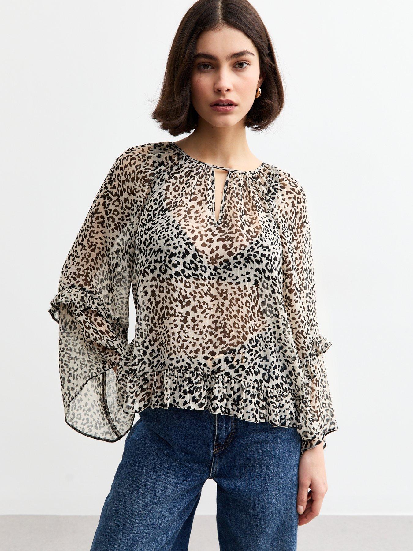 undefined Leopard Print Frilly Trim Chiffon Blouse - Black