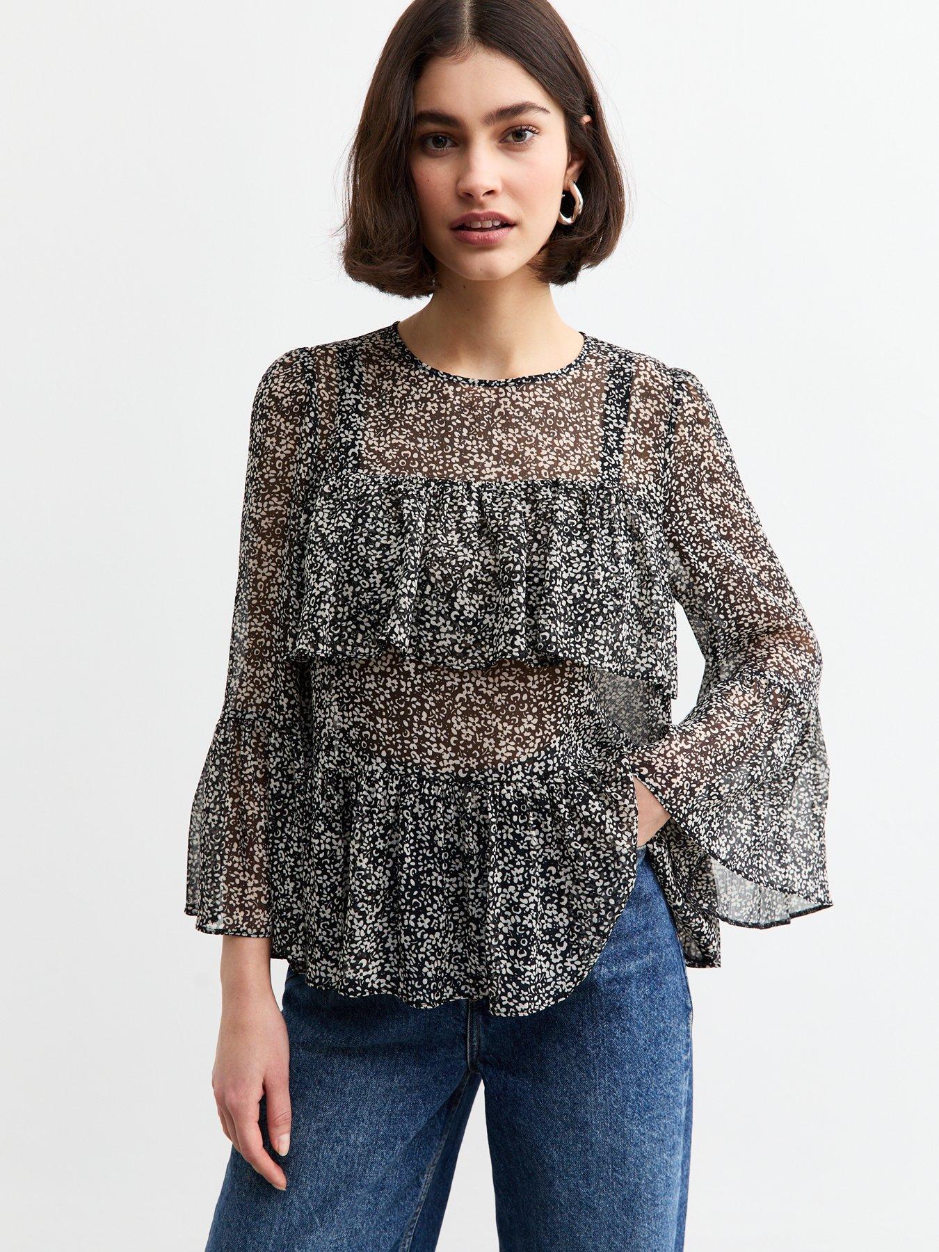 undefined Ditsy Floral Print Chiffon Blouse - Black