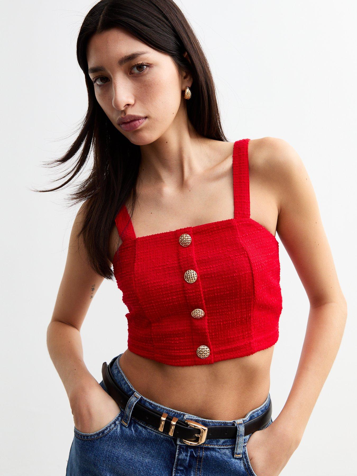 undefined Boucle Button Detail Crop Top - Red