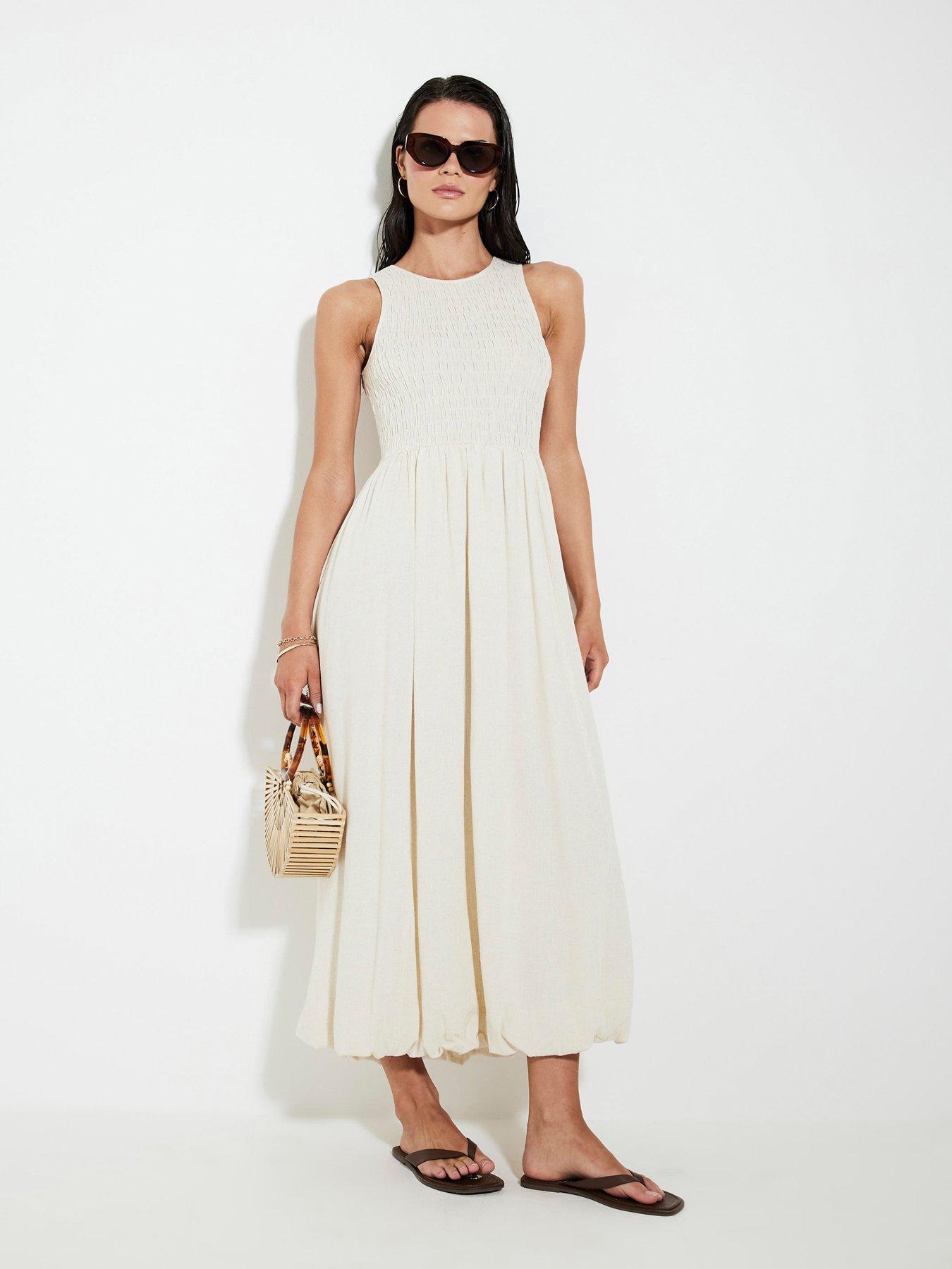 front image of river-island-puff-ball-racer-midi-dress-beige