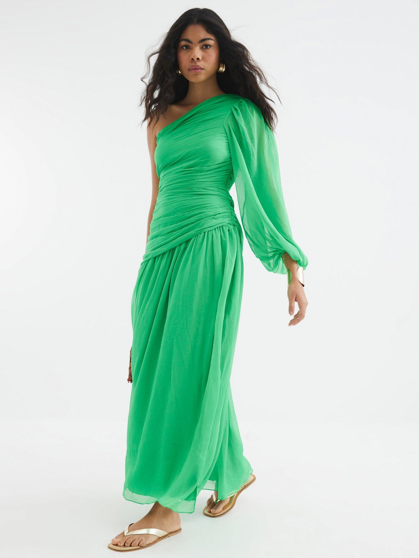 river island one shoulder dress River Island One Shoulder Plisse Midi Dress - Green