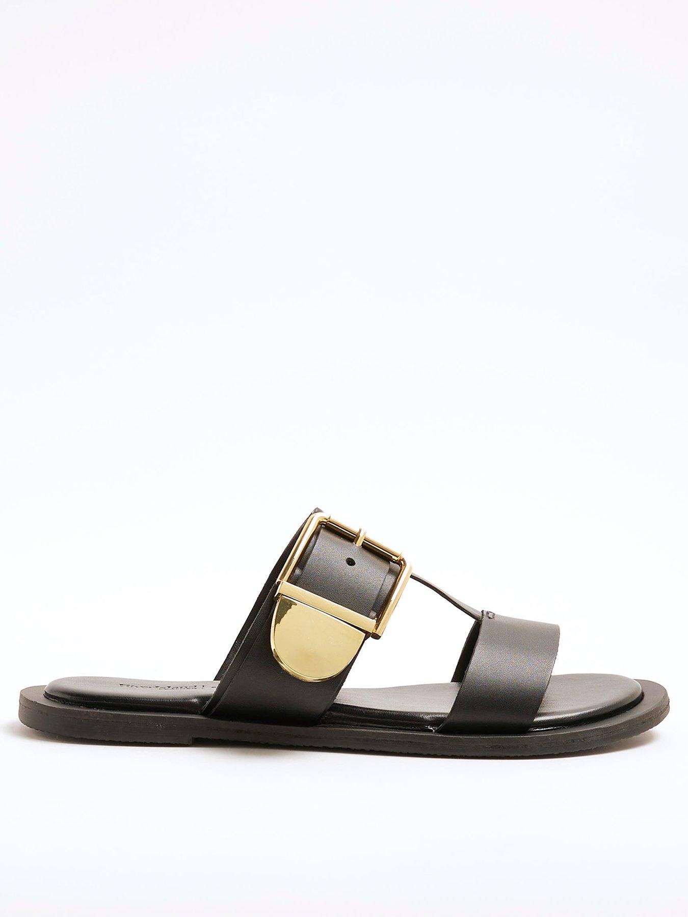 River Island T Bar Flat Sandals - Black