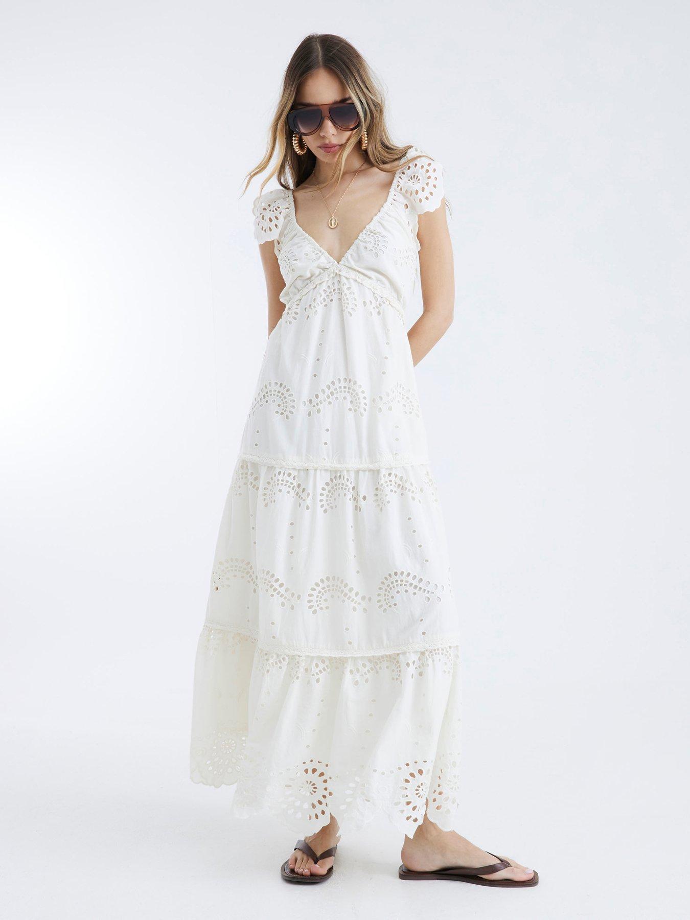 River Island Broderie Midi Dress - Cream