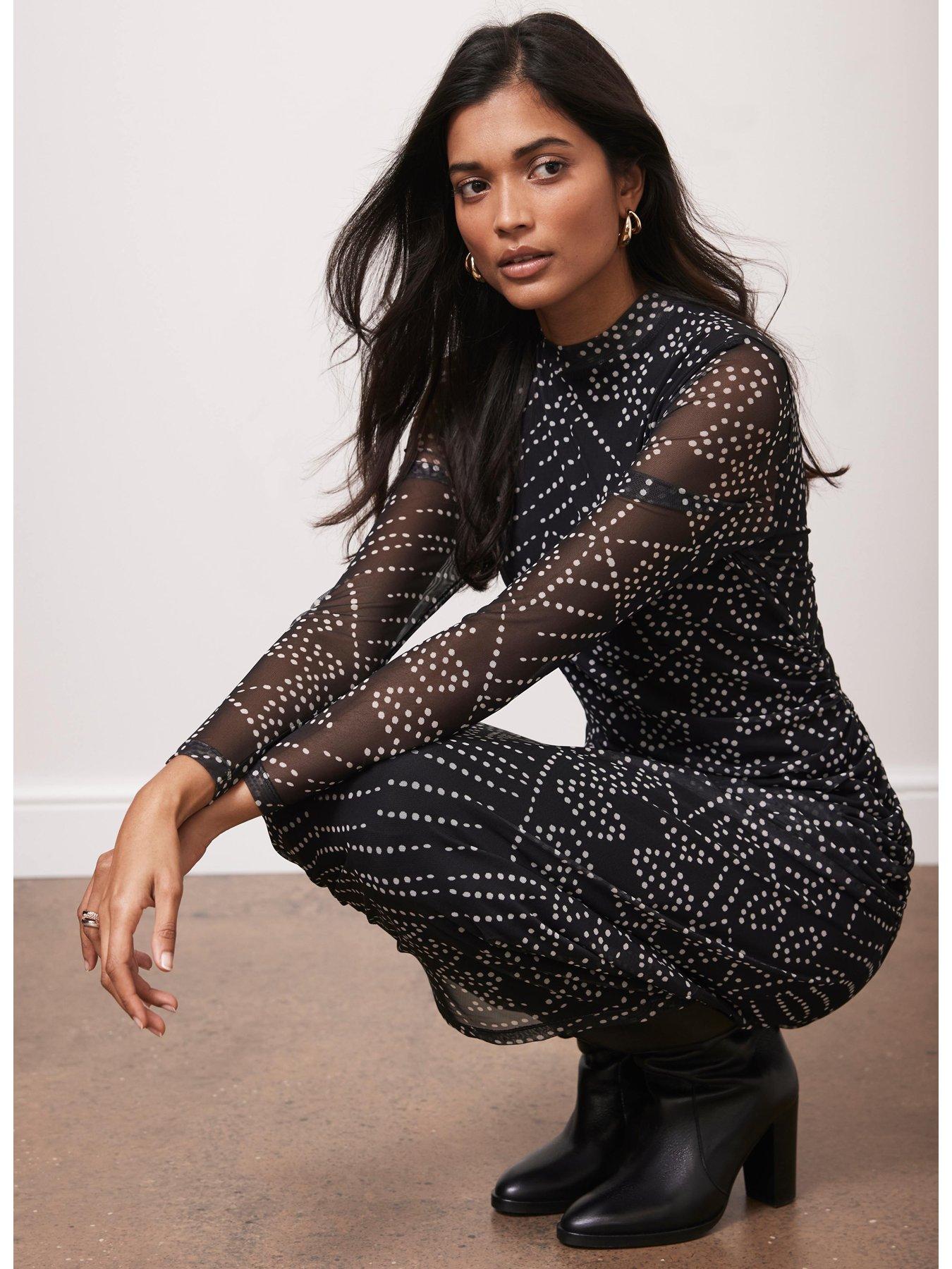 Mint Velvet Spot Print Mesh Midi Dress - Black | Littlewoods