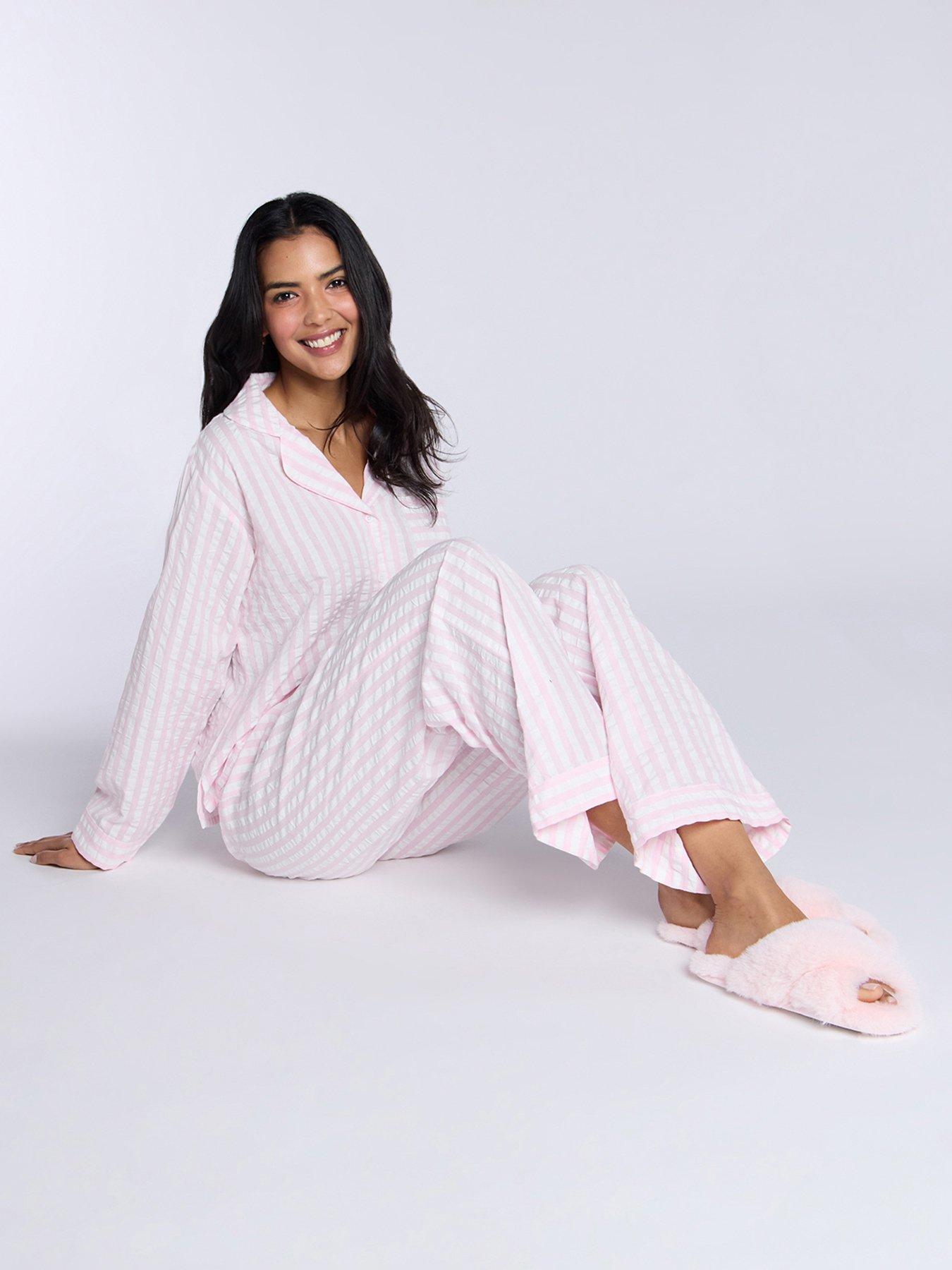  image of boux-avenue-seersucker-stripe-revere-amp-pant-set-powder-pink