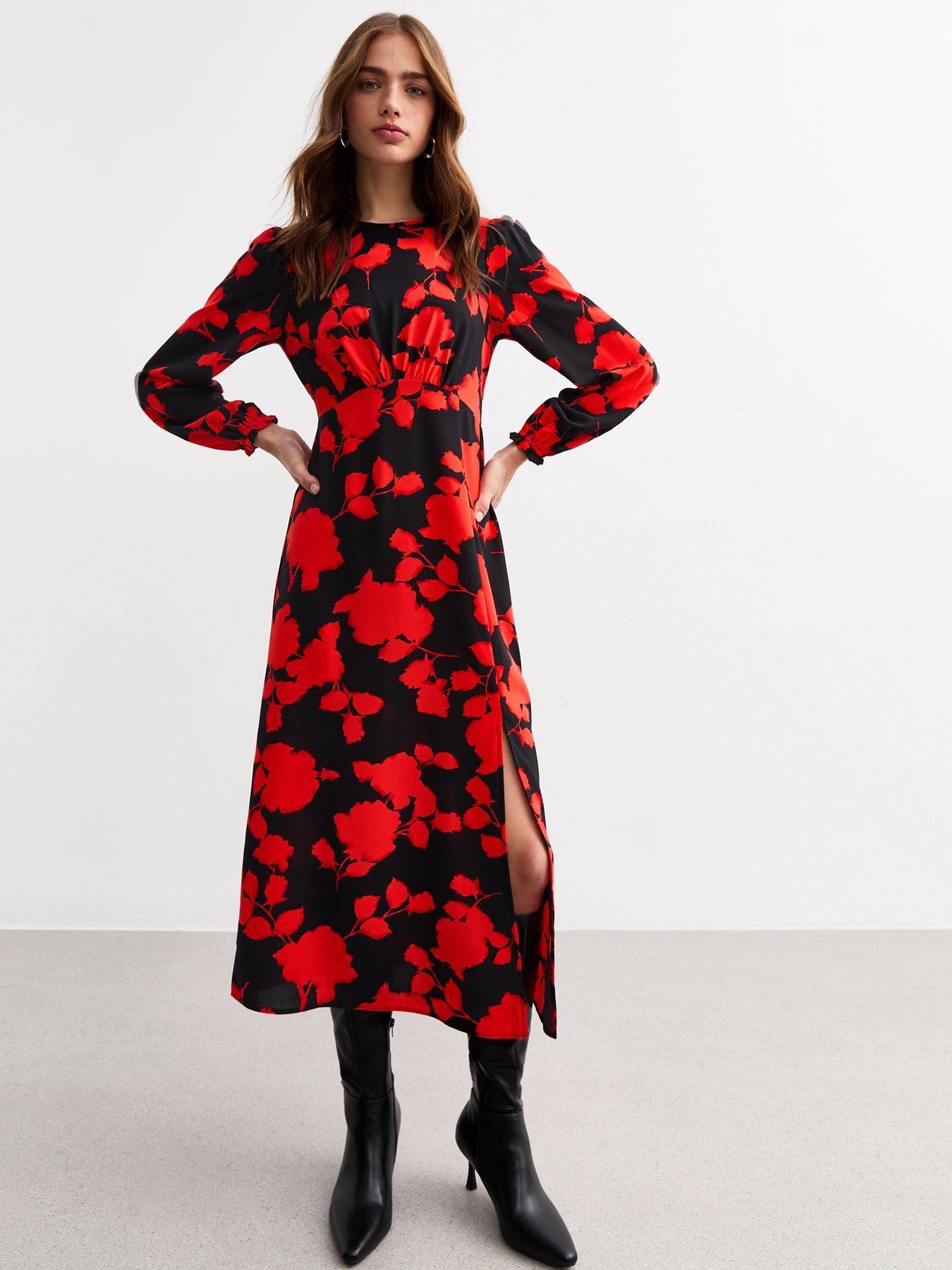 undefined Ex Long Sleeve Red Floral Carol Midi - Black