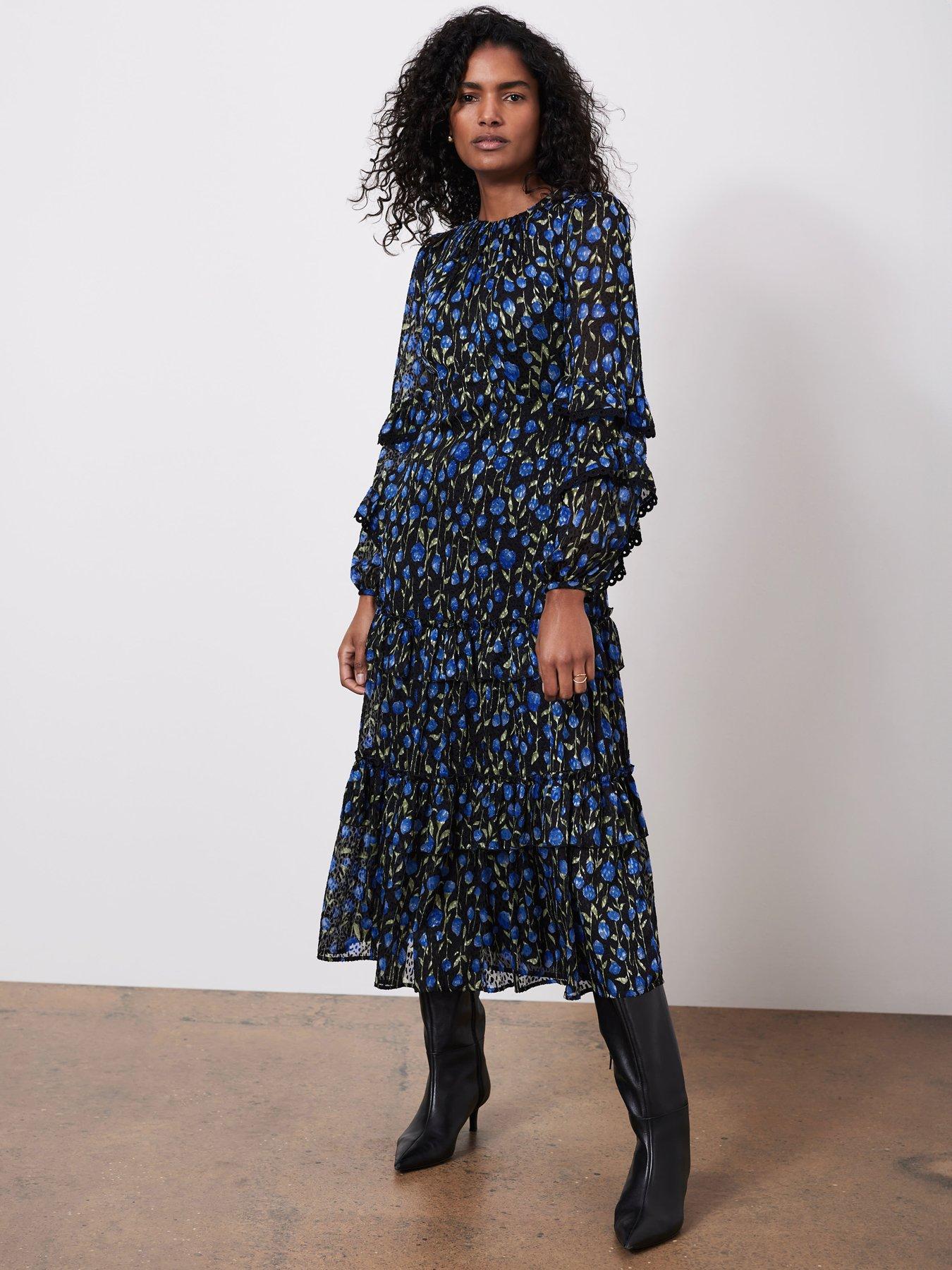 undefined Floral Print Ruched Midi Dress - Blue
