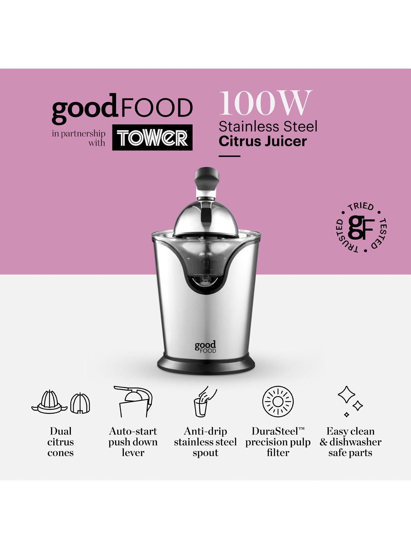  image of good-food-by-tower-gf12016-citrus-juicer-with-dual-cones-100w-stainless-steel