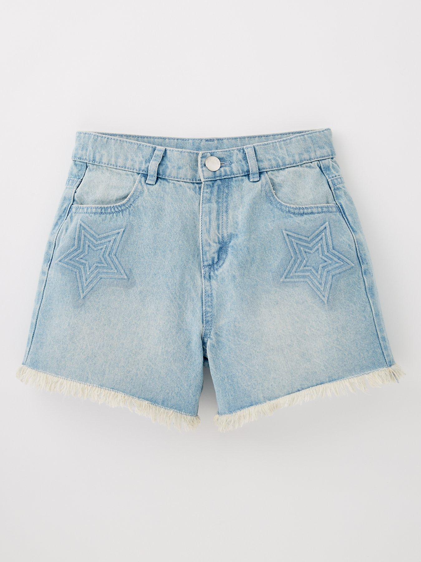 front image of v-by-very-girls-star-embossed-denim-shorts-blue