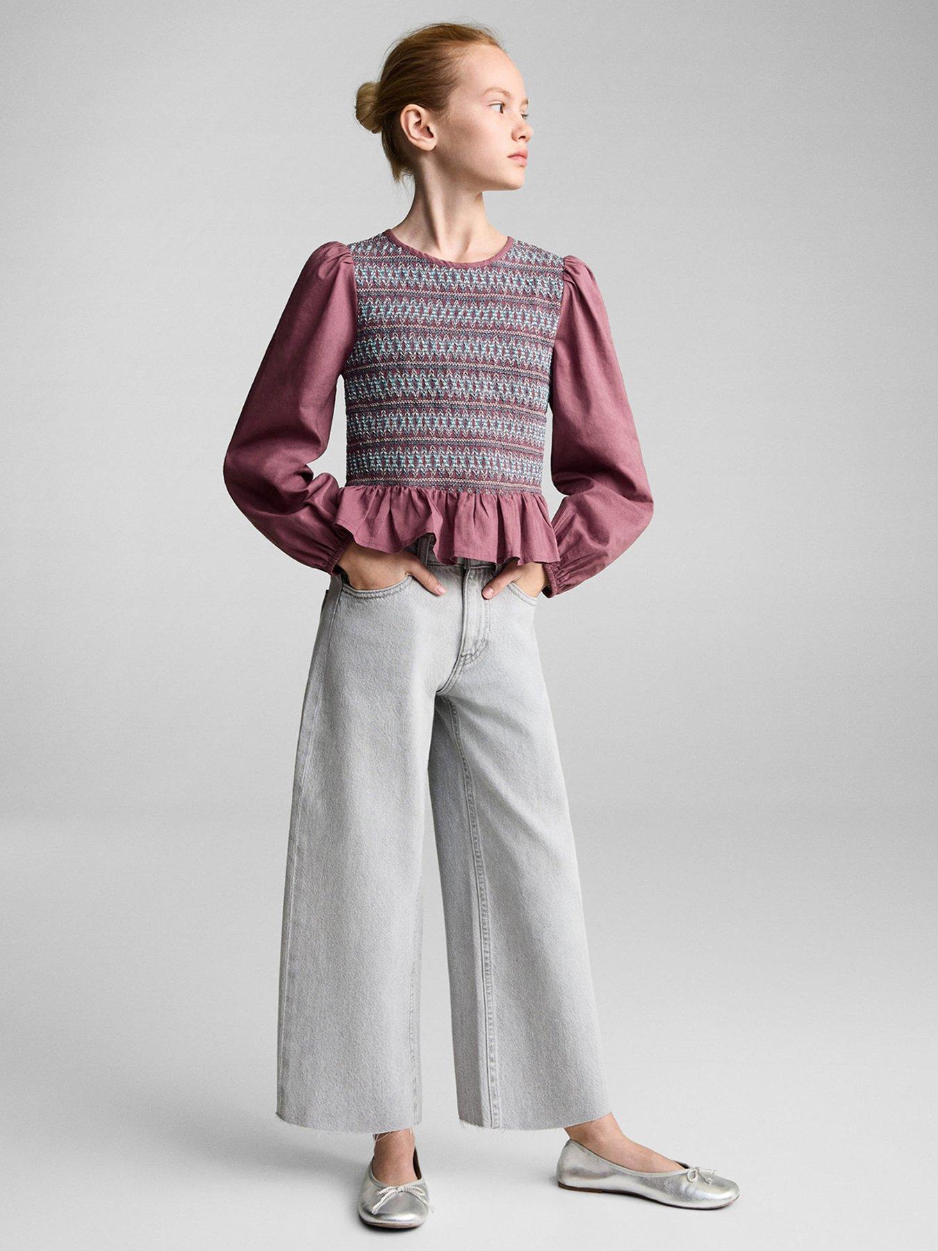  image of mango-girls-shirred-long-sleeve-blouse-dark-pink