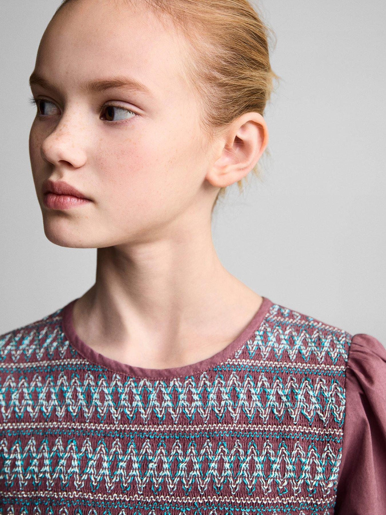  image of mango-girls-shirred-long-sleeve-blouse-dark-pink