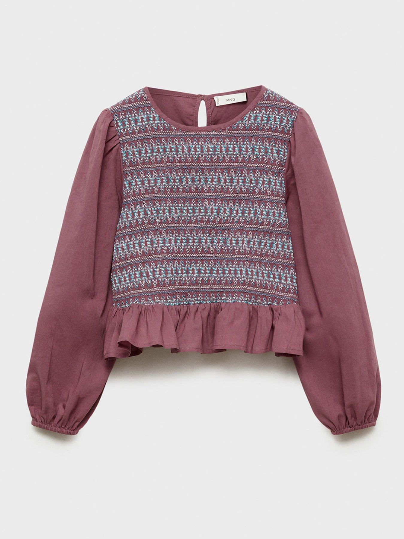  image of mango-girls-shirred-long-sleeve-blouse-dark-pink