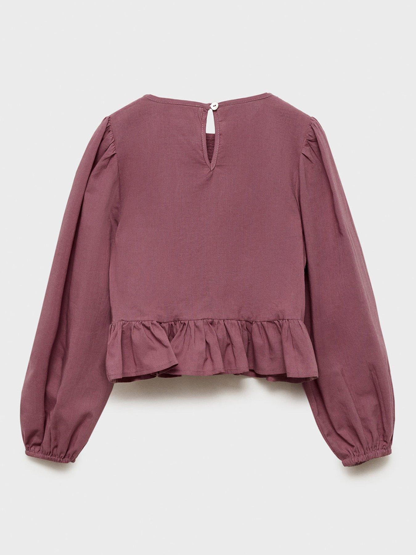  image of mango-girls-shirred-long-sleeve-blouse-dark-pink