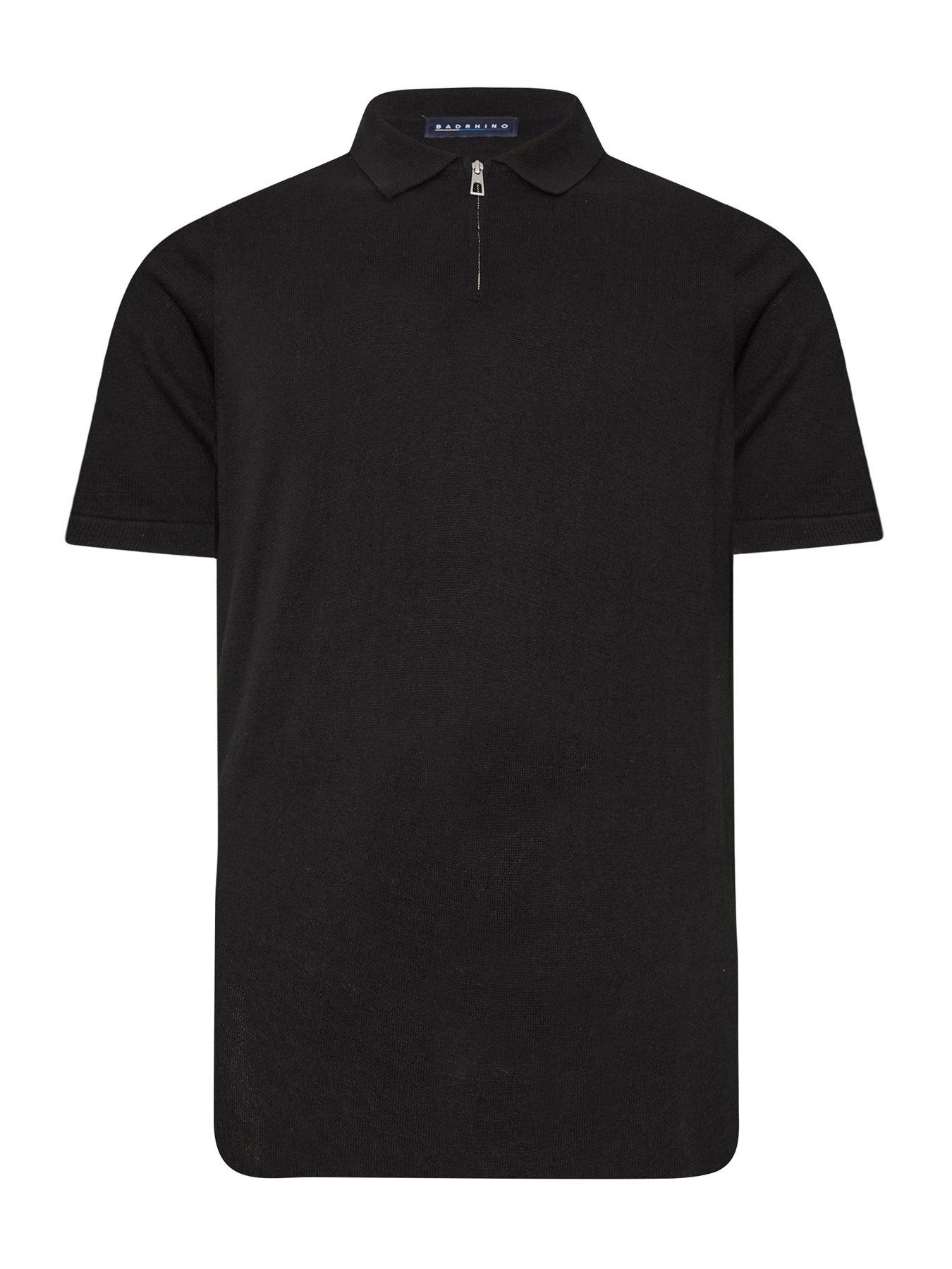  image of badrhino-big-amp-tall-short-sleeve-knitted-zip-polo-shirt-black