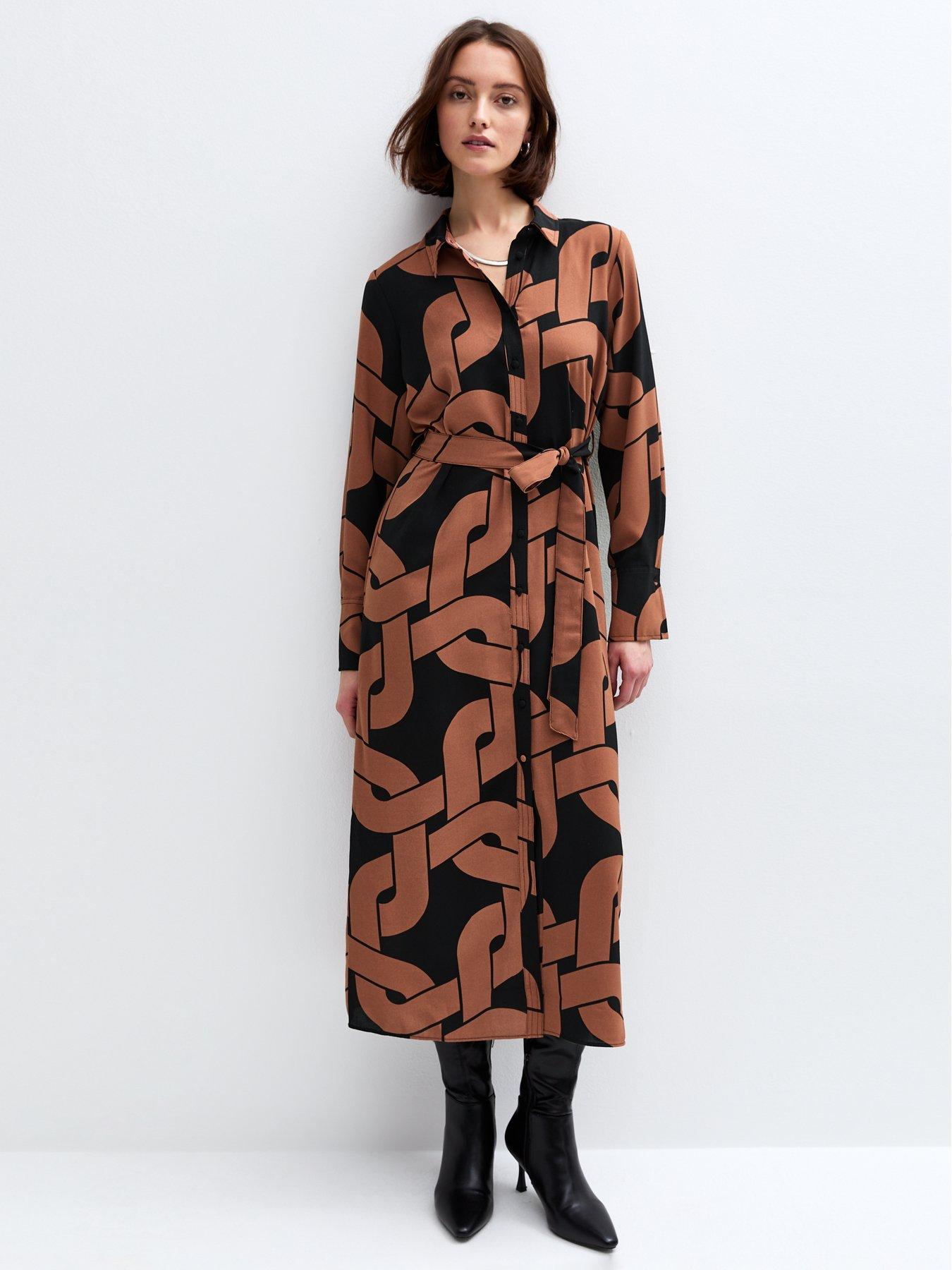 undefined Chain Print Belted Dress - Brown