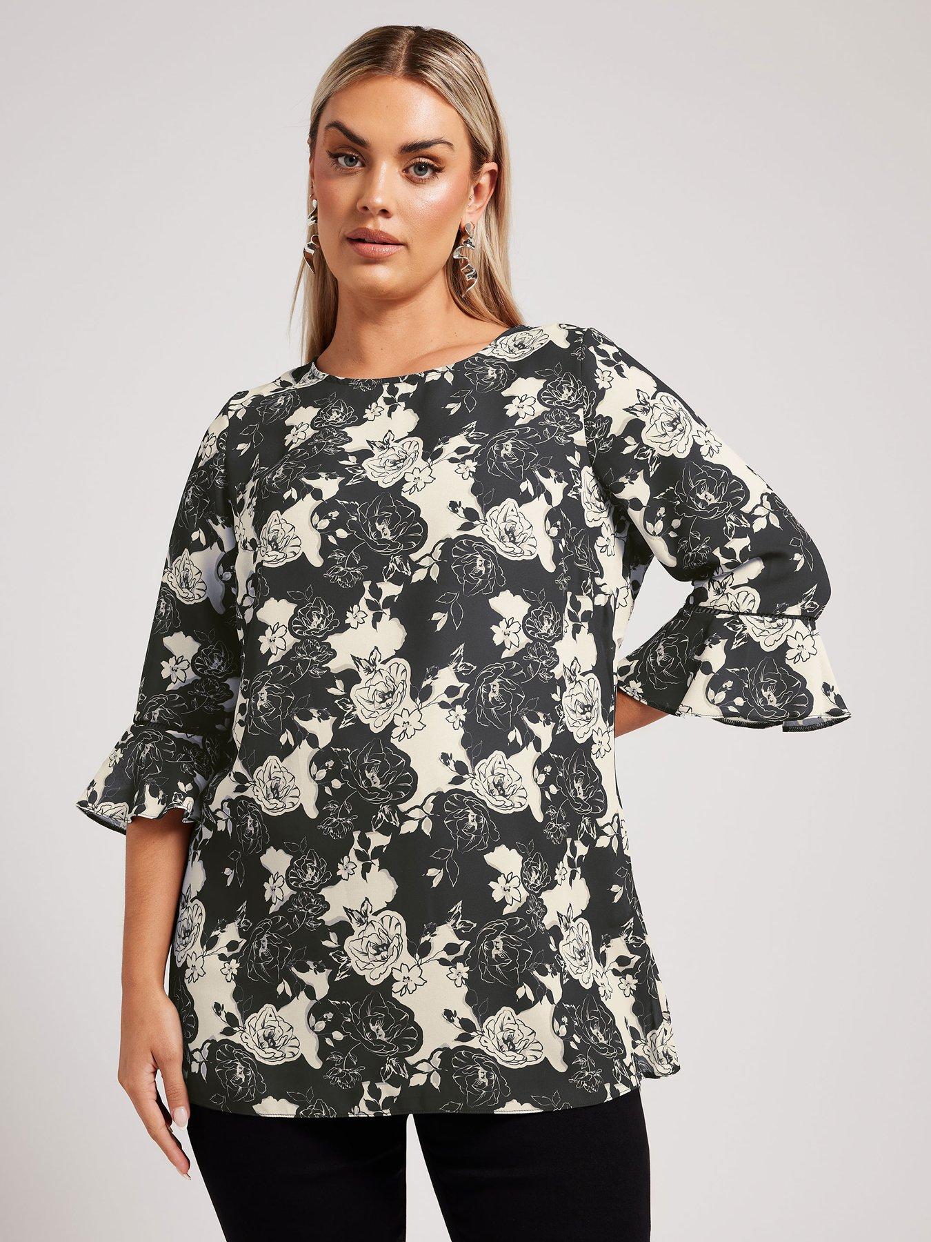  image of yours-curve-mono-floral-crochet-trim-blouse-black