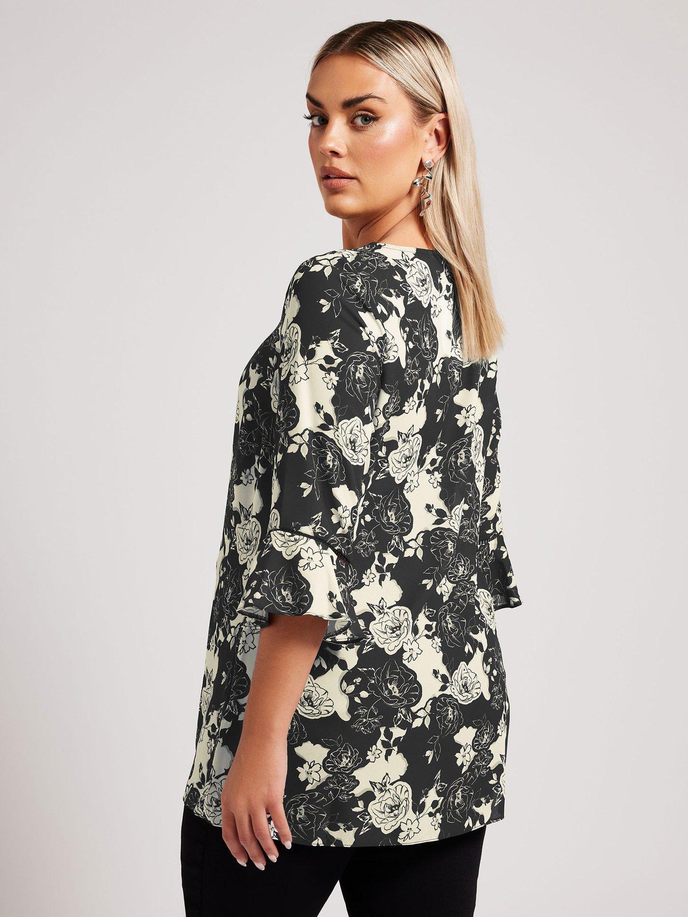  image of yours-curve-mono-floral-crochet-trim-blouse-black