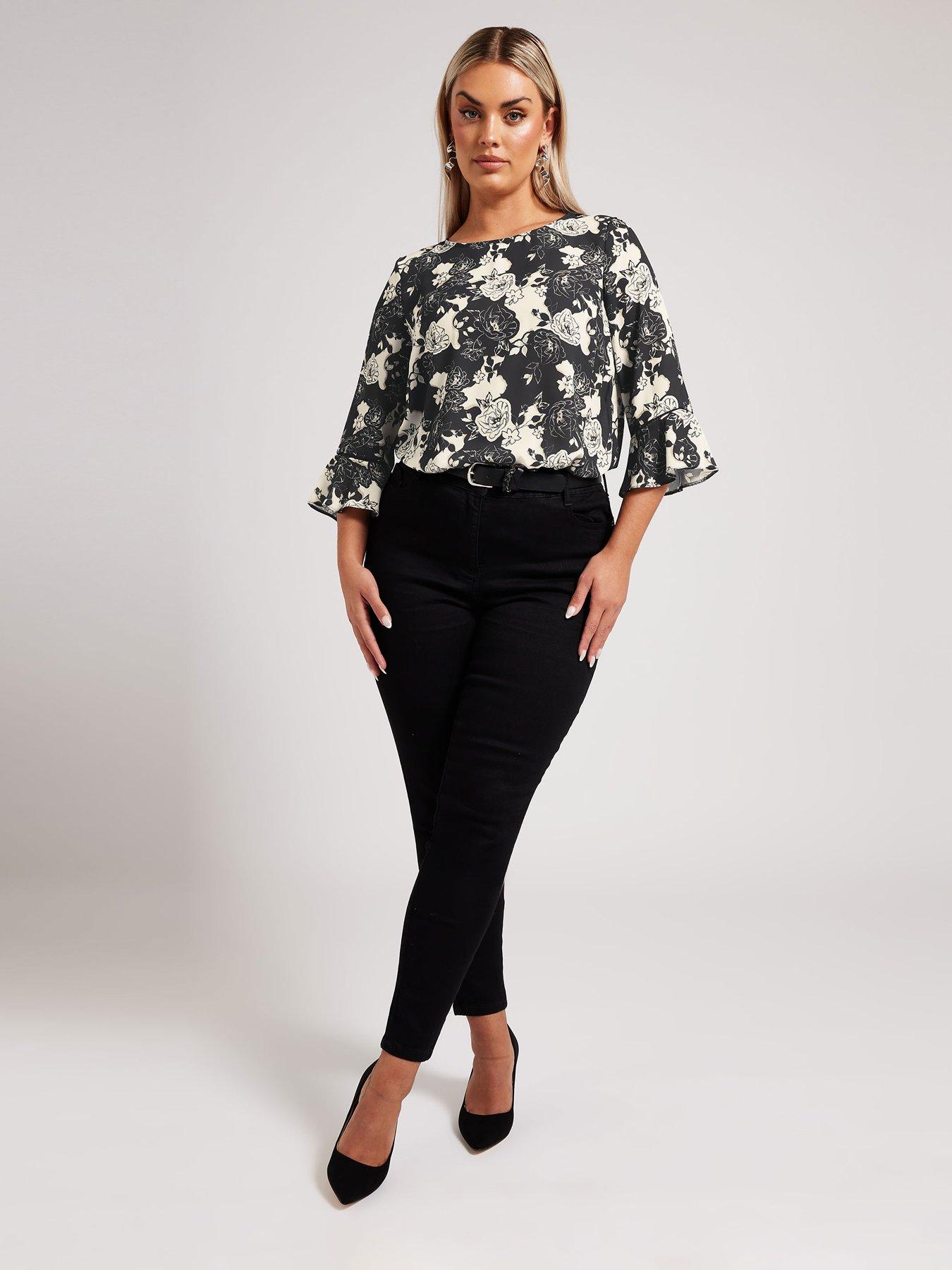  image of yours-curve-mono-floral-crochet-trim-blouse-black