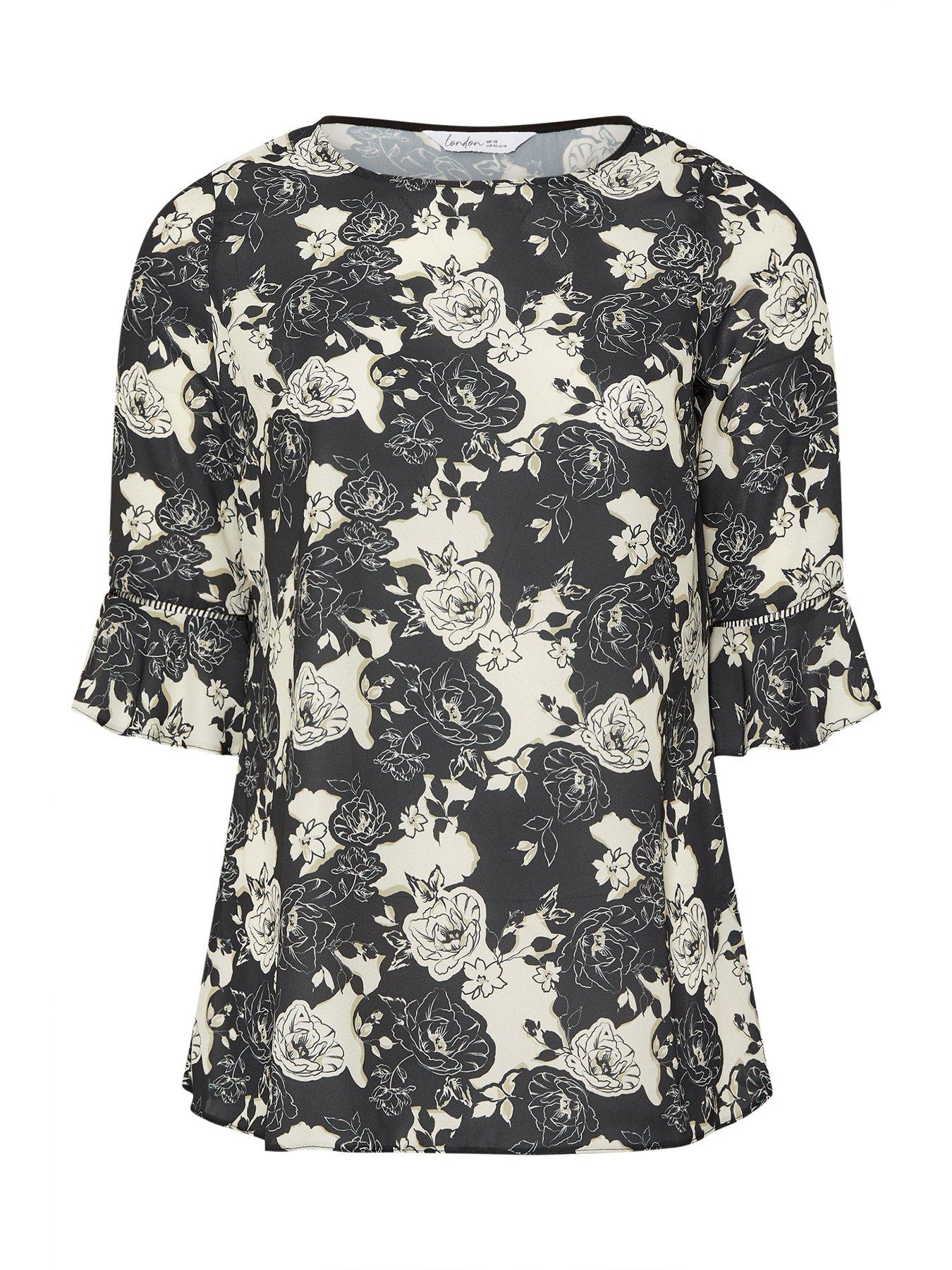  image of yours-curve-mono-floral-crochet-trim-blouse-black