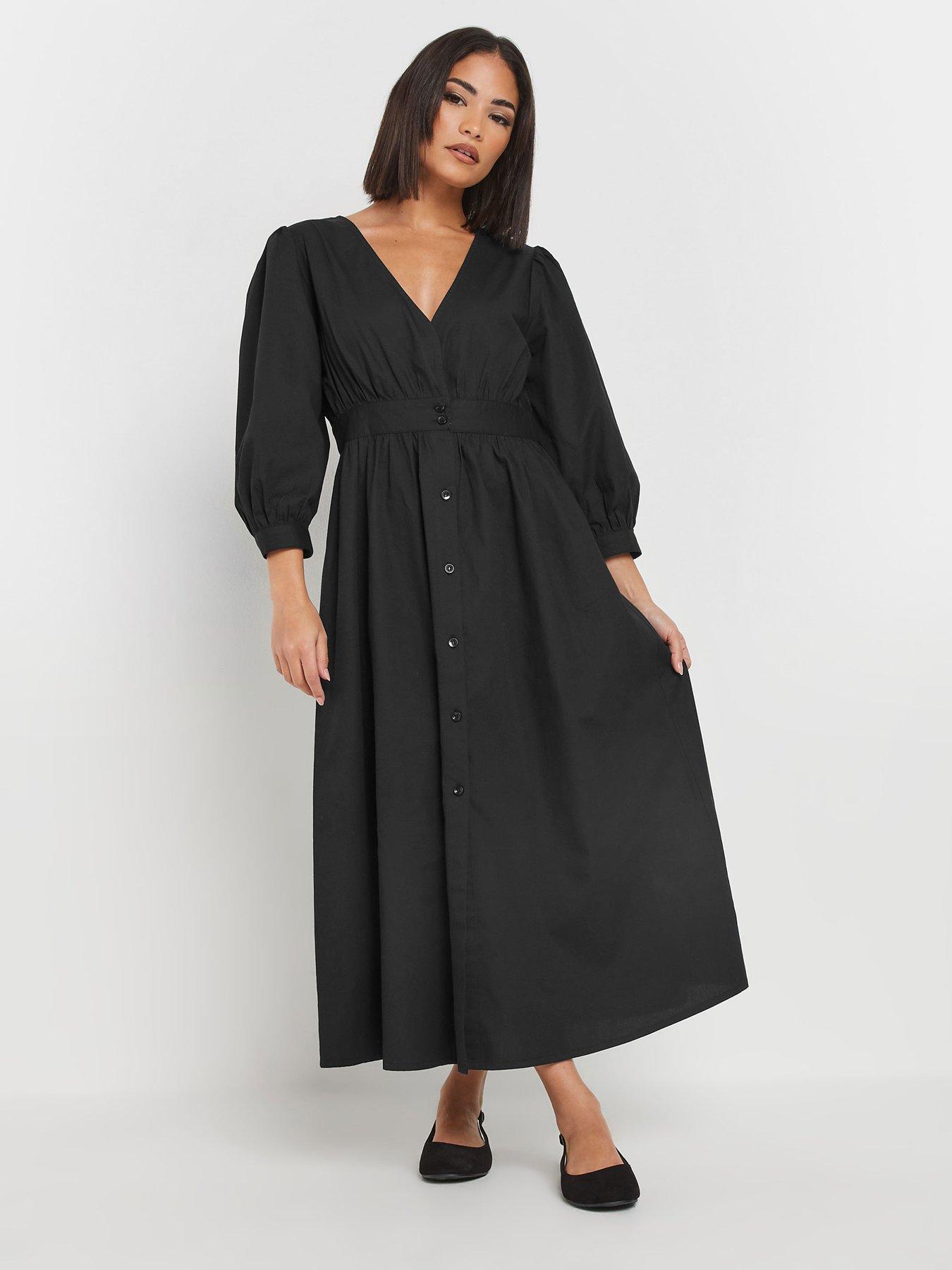 undefined Petite Long Sleeve Button Front Midi Dress - Black