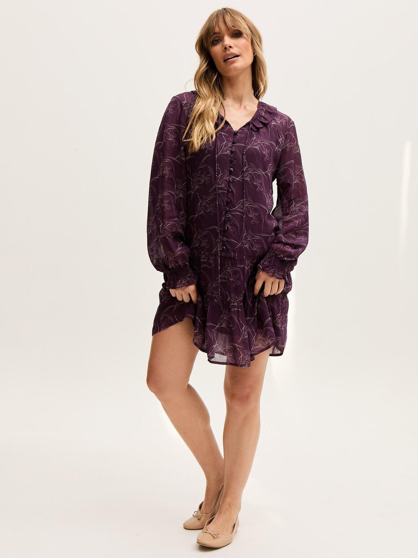 undefined Henrietta Floral Print Button Down Mini Dress - Purple