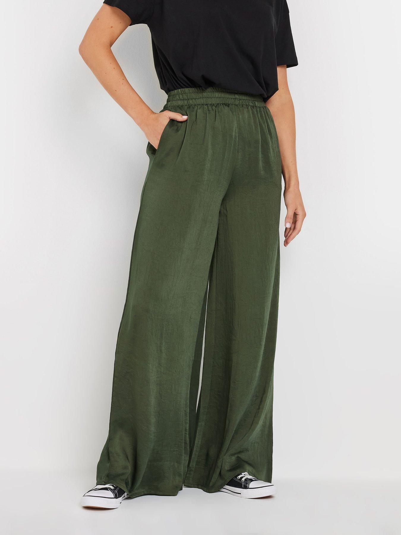 undefined Satin Wide Leg Trousers 34" - Green