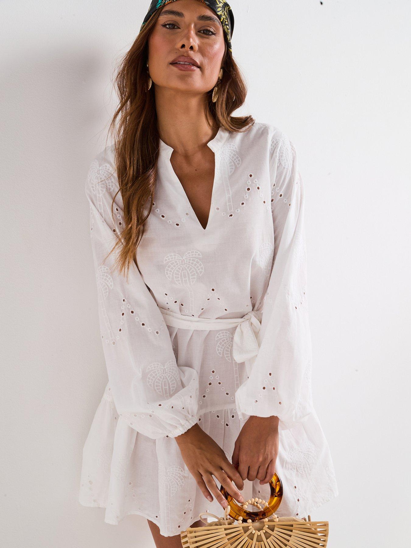 V by Very Puff Sleeve Broderie Beach Dress - Cream