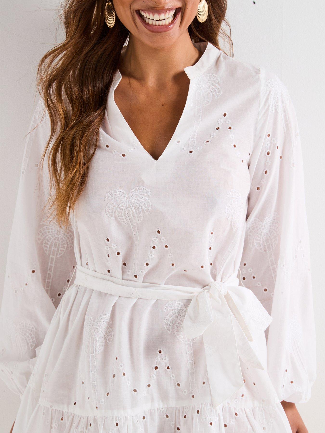 Image 4 of 6 of V by Very Puff Sleeve Broderie Beach Dress - Cream