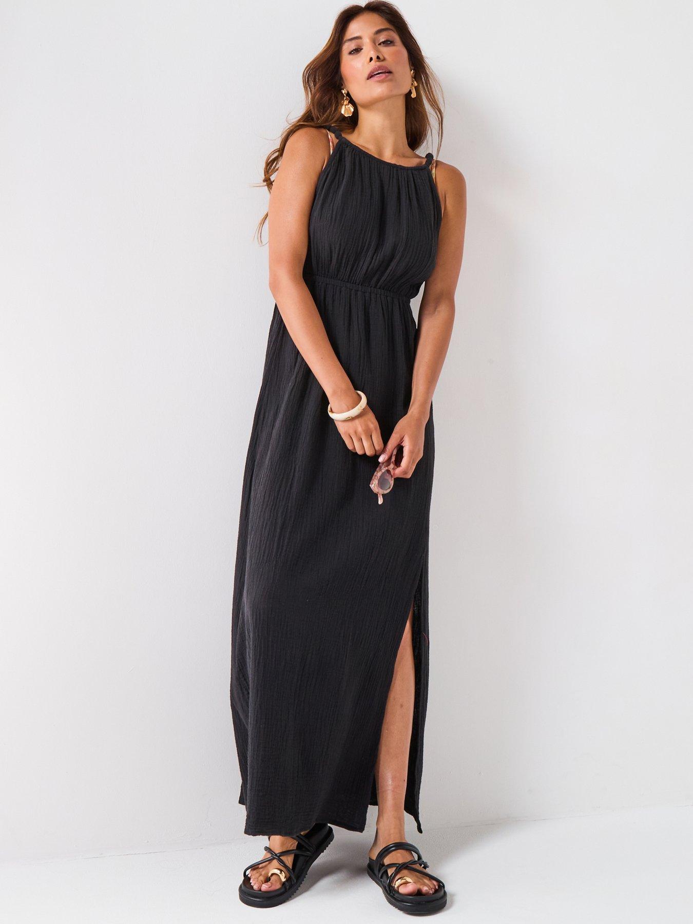 front image of v-by-very-bubble-strap-maxi-dress-black