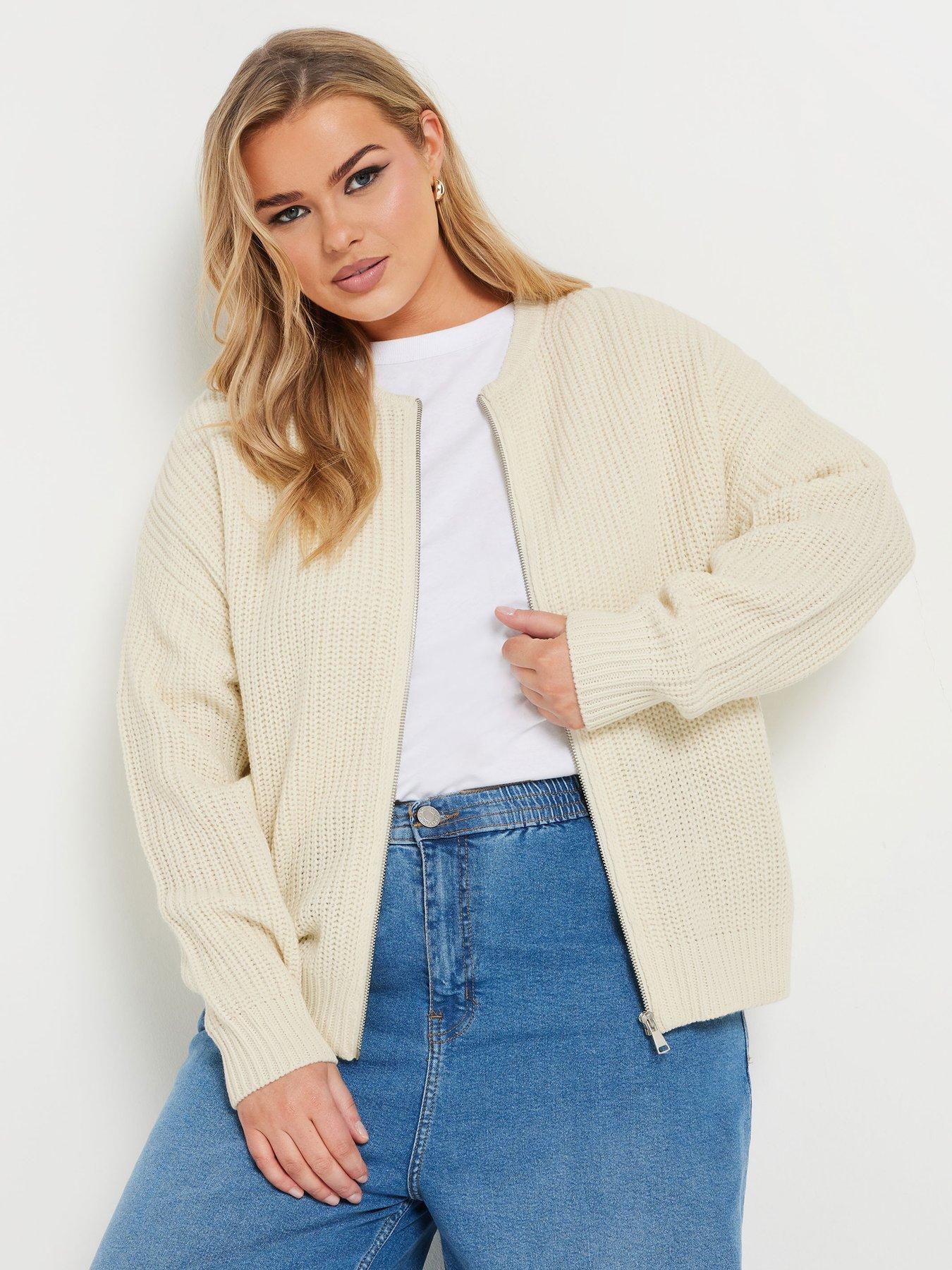 undefined Curve Zip Through Knitted Bomber Jacket - Ivory