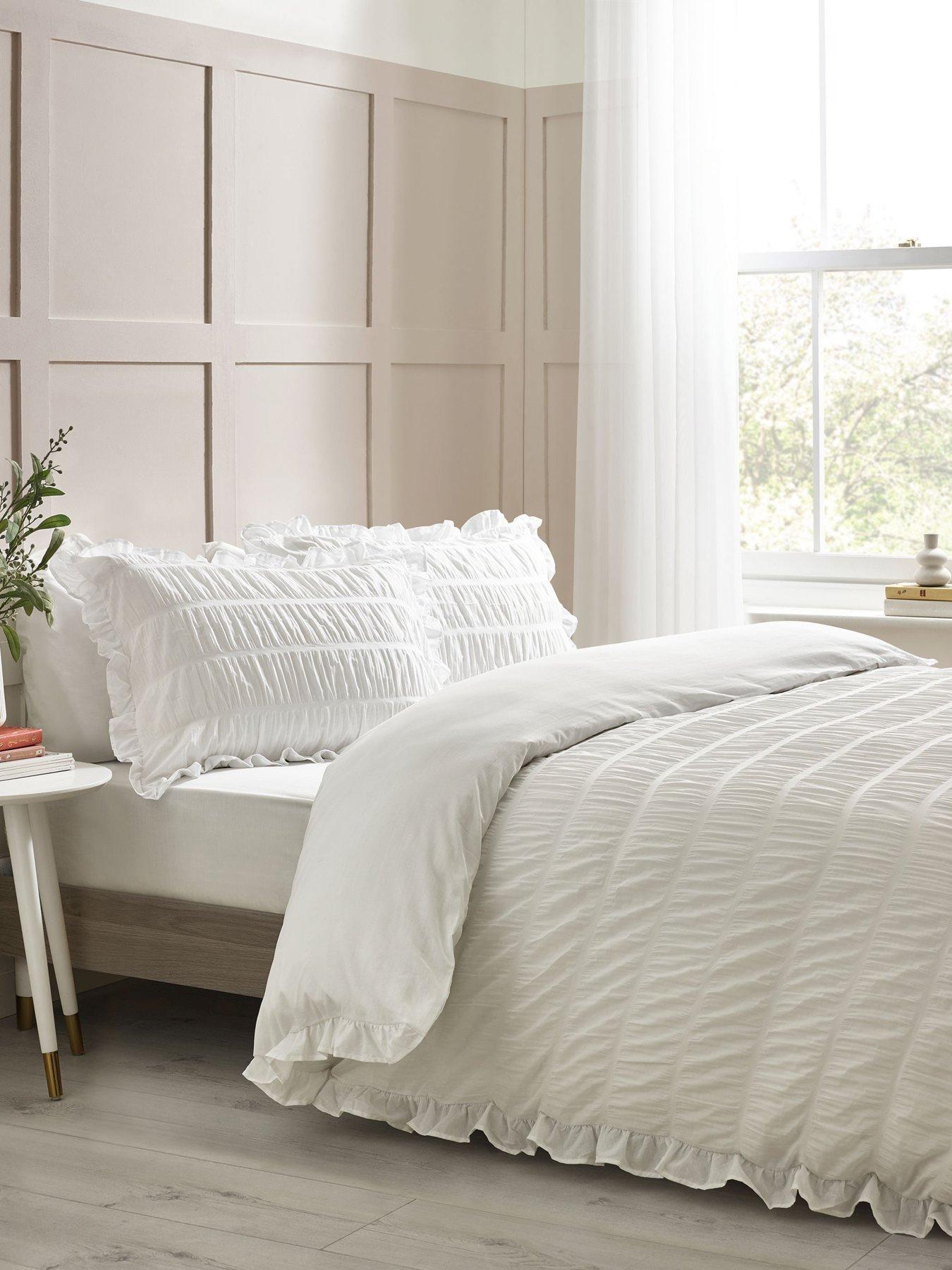 Image 1 of 4 of Catherine Lansfield Seersucker Frill Duvet Cover Set - White