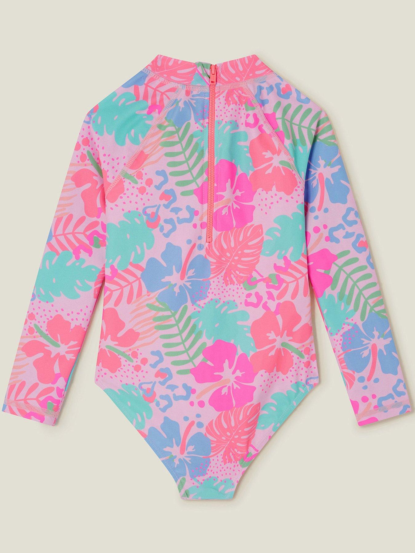  image of accessorize-girls-tropical-long-sleeve-swimsuit-pink